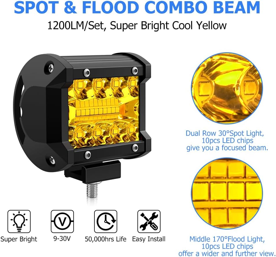 Winpower 4 Inch LED Pods, 120W 1200LM 12V Flood Spot Combo Beam Pods Lights off Road Light Bar Fog Lights Driving Work Light for Truck Pickup ATV UTV SUV Trailer Boat, Yellow image number 5