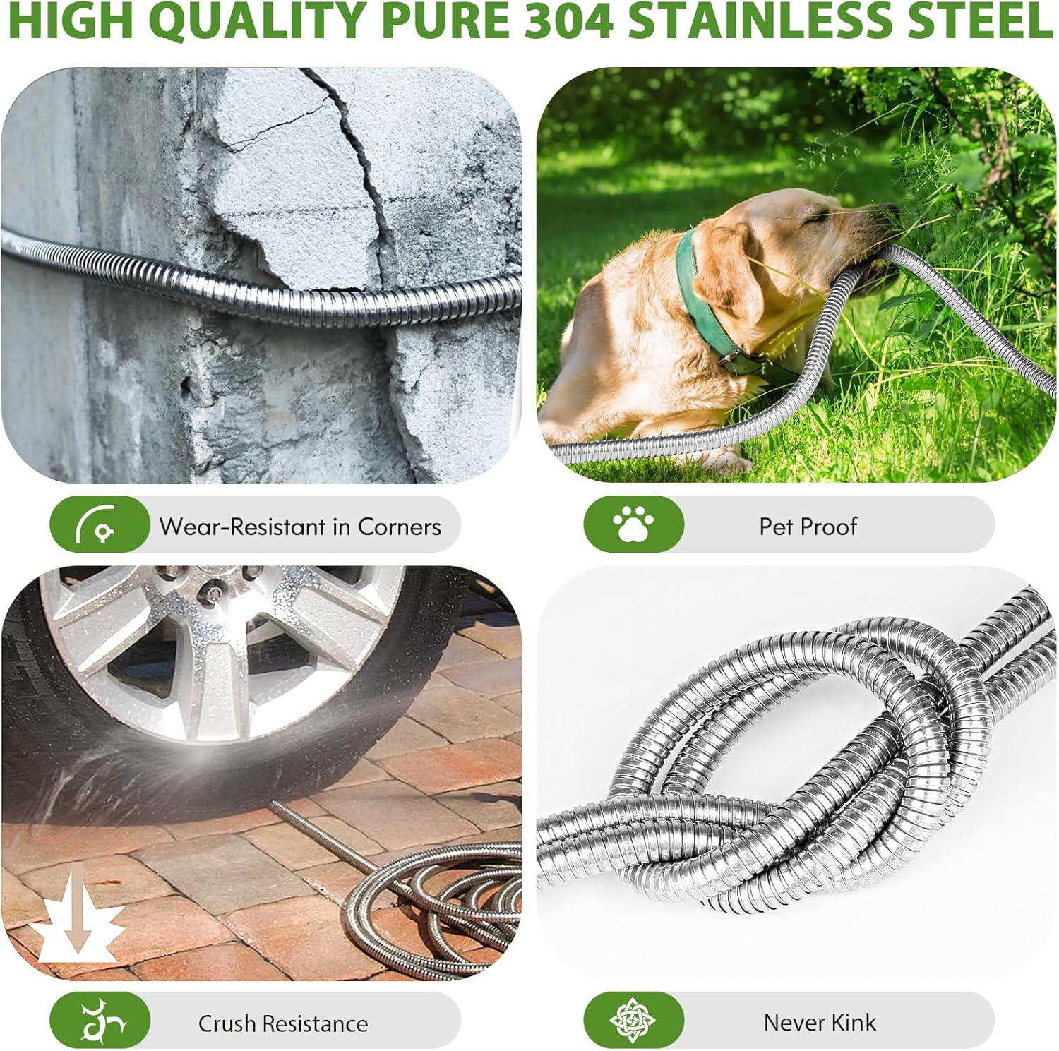 Blissora Stainless Steel Garden Hose, Leakproof Water Hose with Garden Nozzle Sprayer Anti-Rust Flexible for Outdoor, Car Wash, Yard, Lawn, 15M (50Ft)