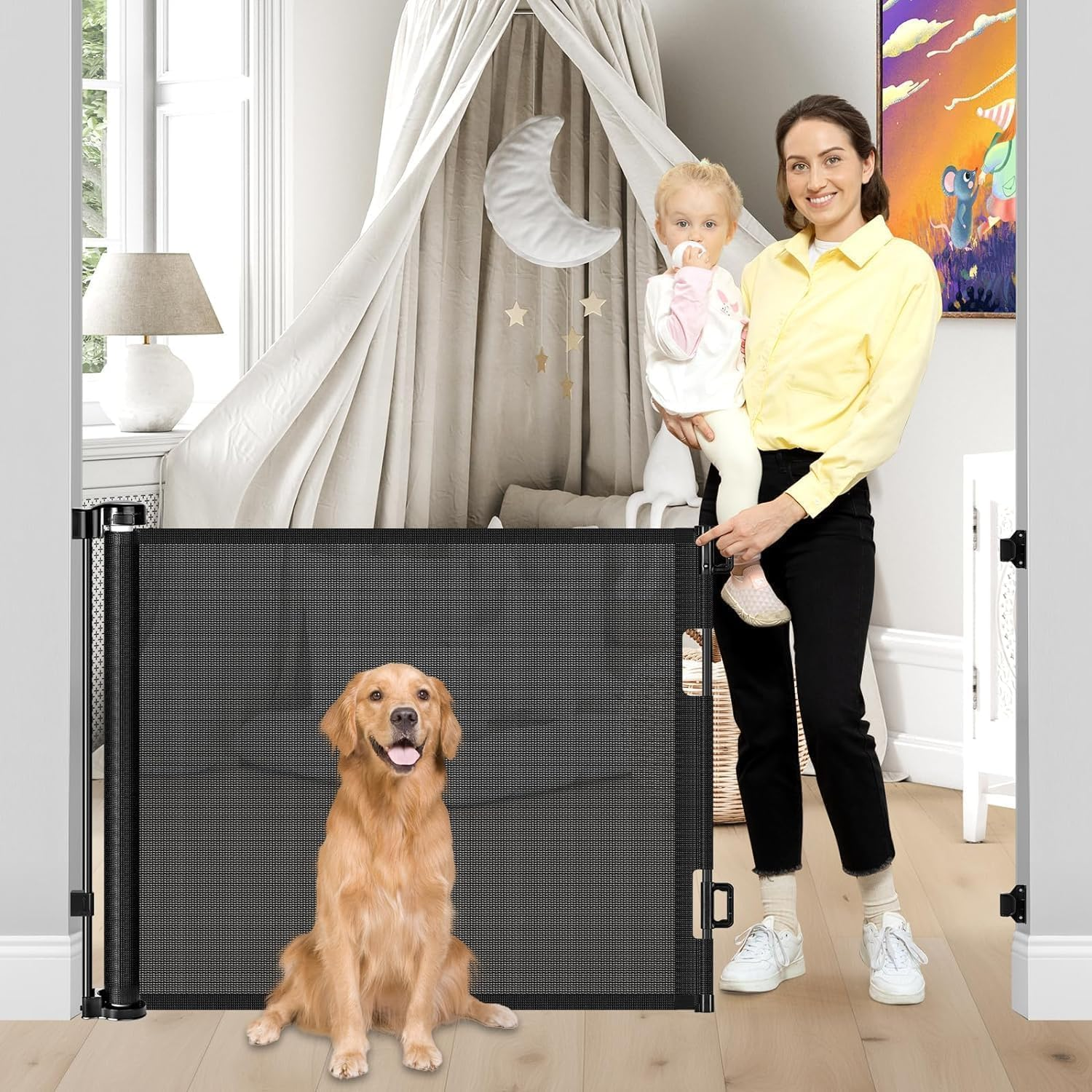 ZONEY Retractable Baby Gate, Baby Gate or Mesh Dog Gate, 33" Tall, Extends up to 55" Wide, Child Safety Gate for Doorways, Stairs, Hallways, Indoor/Outdoor (33"X55") (White, 33"X55"(150 * 86Cm))