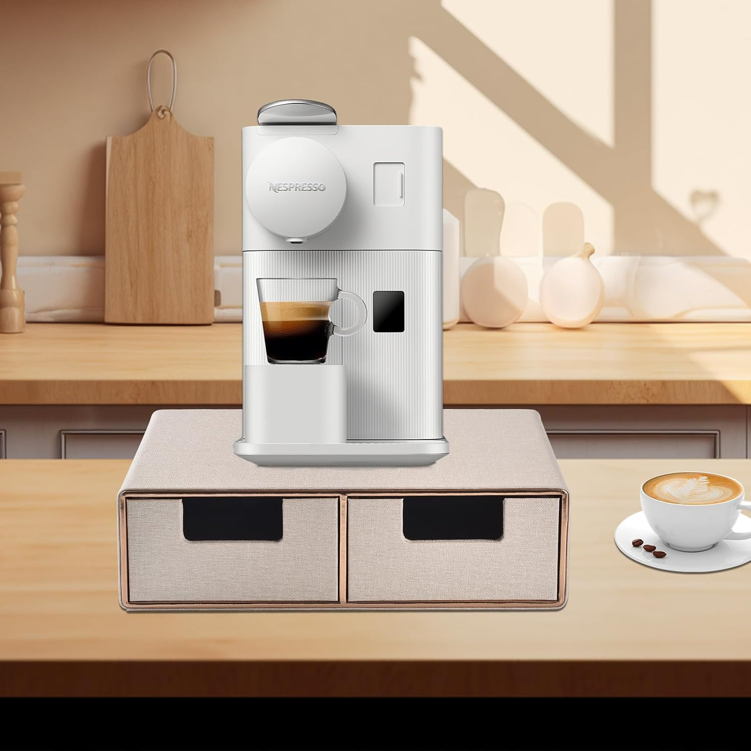 RHCSZ Linen Leather Desk Organizer with Drawers－Mini Desktop Drawer Organizer Stackable－Multifunctional Tabletop Organization Storage Box for Office Supplies Home Vanity Toiletries (Beige, 2-Drawers) - Beige image number 5