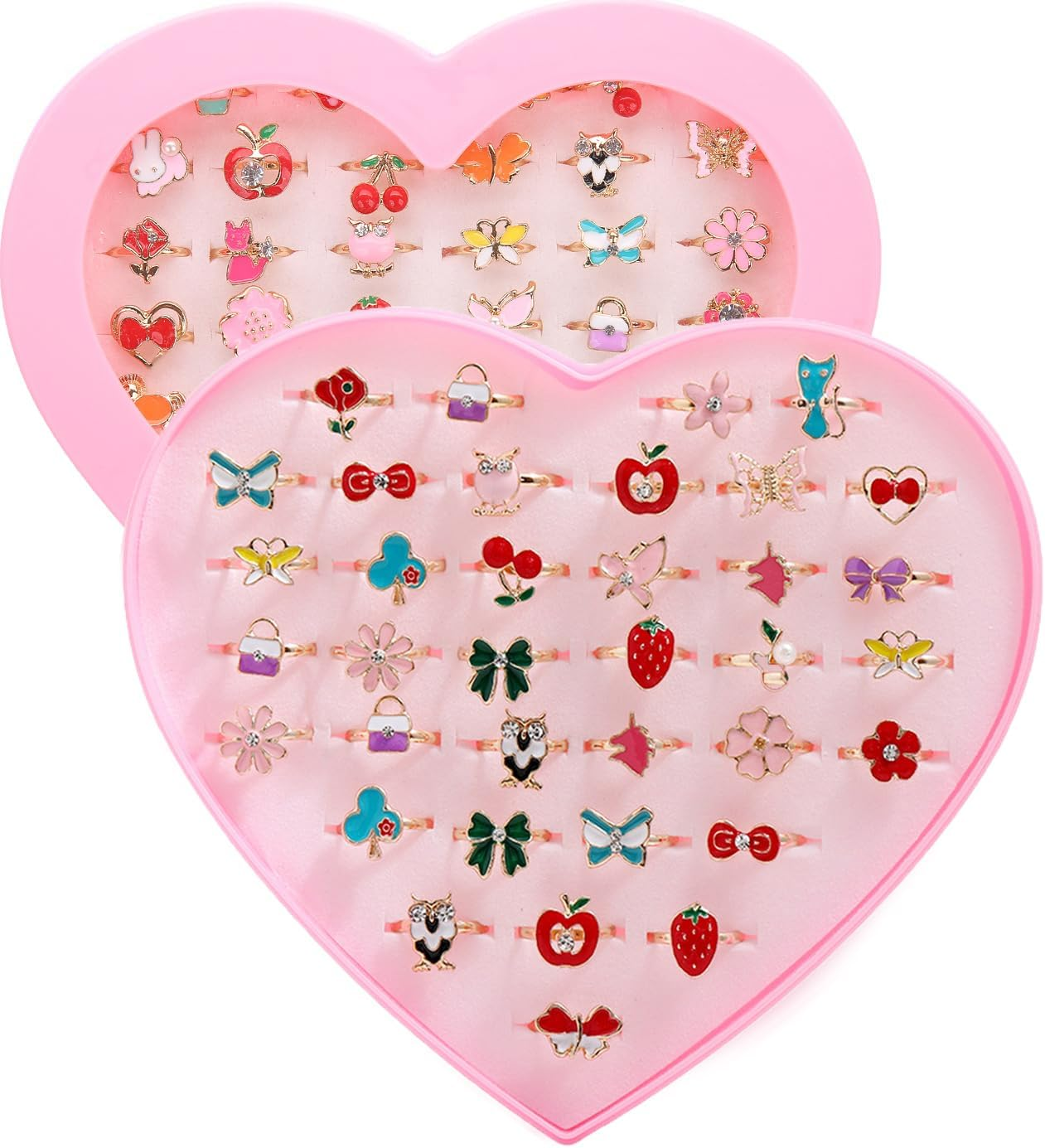 Fineder 36Pcs Children Kids Little Girl Gift, Jewelry Adjustable Rings in Box, Girl Pretend Play and Dress up Rings,Random Shape and Color, Little Girls Gift