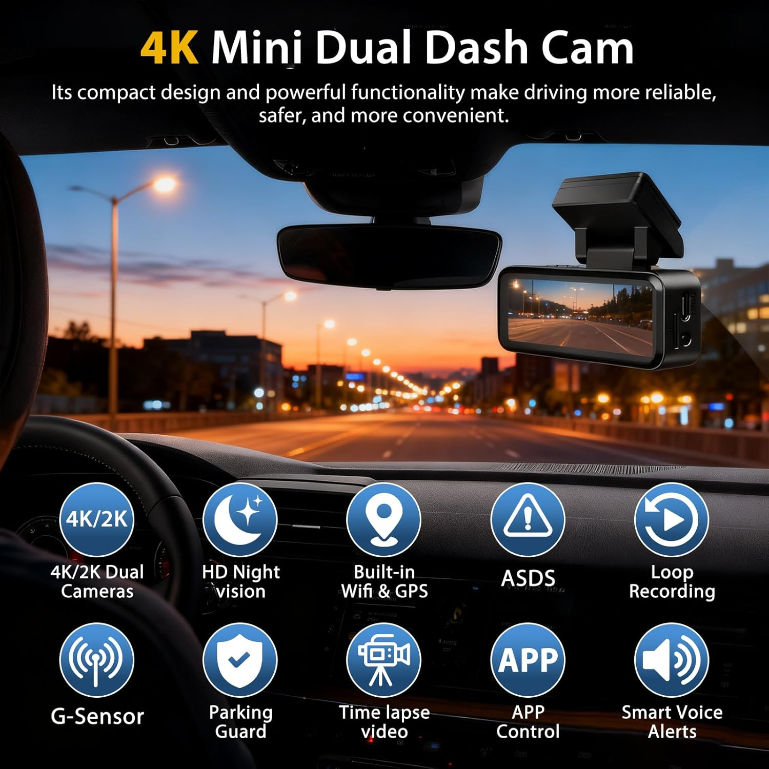 Dash Cam Front and Rear, Built-In Wifi GPS, 4K+1080P Dashcam for Car, 64GB Card Included, 24H Parking Monitor, Loop Recording, G-Sensor, Super Night Vision, 170&deg;Wide Angle, App Contro image number 1