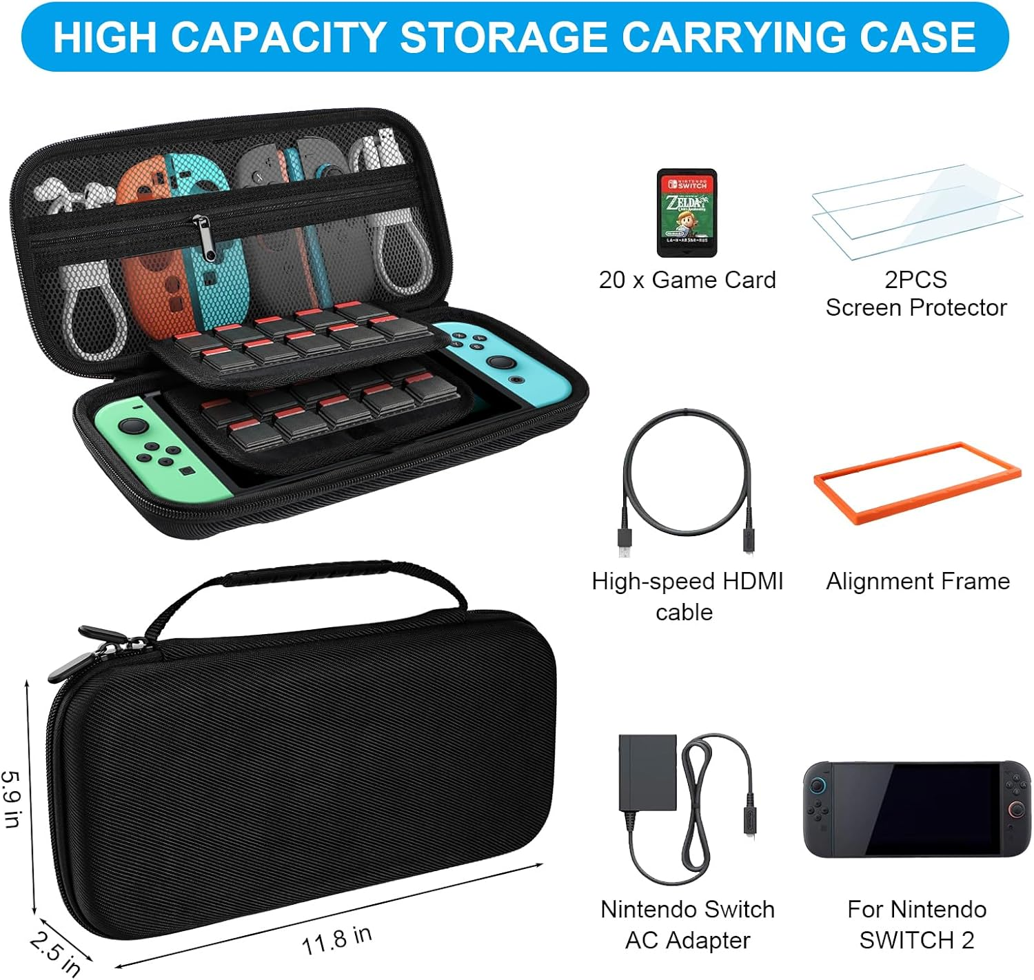 Turquvix Carrying Case for Nintendo Switch 2, Portable Hard Shell Pouch Carrying Travel Game Bag for Nintendo Switch 2 with 12 Game Cartridge (Case with Screen Protectors) image number 5
