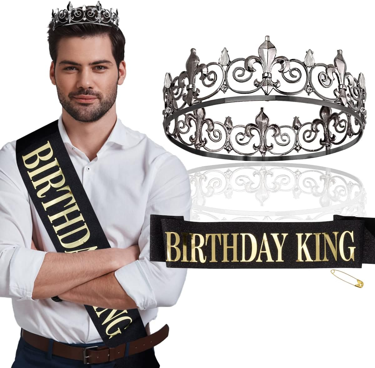 Hapdoo Happy Birthday Decorations for Men, Birthday King Crown and Birthday Sash for Men, Men Birthday Decorations, Birthday Crown for Men Black and Gold image number 3