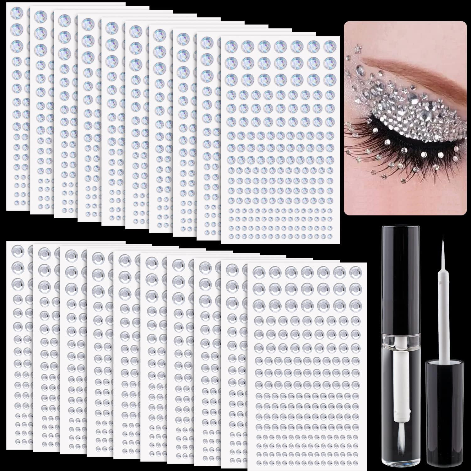 2758 Pcs of Rhinestone Stickers 3/4/5/6/8Mm Clear+Laser Self Adhesive Face Gems, Stick on Body Crystal Jewels with Quick Dry Makeup Glue for Face Eye Hair Nails Make up and Craft DIY Decorations - 06-14 Sheets Clear+Laser image number 5