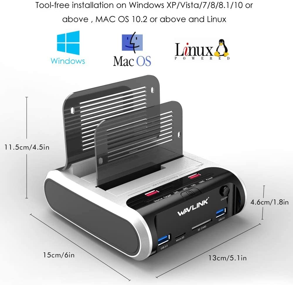 WAVLINK 8-In-1 USB 3.0 to SATA I/II/III Dual Bay External Hard Drive Docking Station for 2.5"/3.5" HDD/SSD Support Offline Clone/Uasp, with USB 3.0 Ports, Charger Port and TF & SD Card-(2X10Tb) image number 3