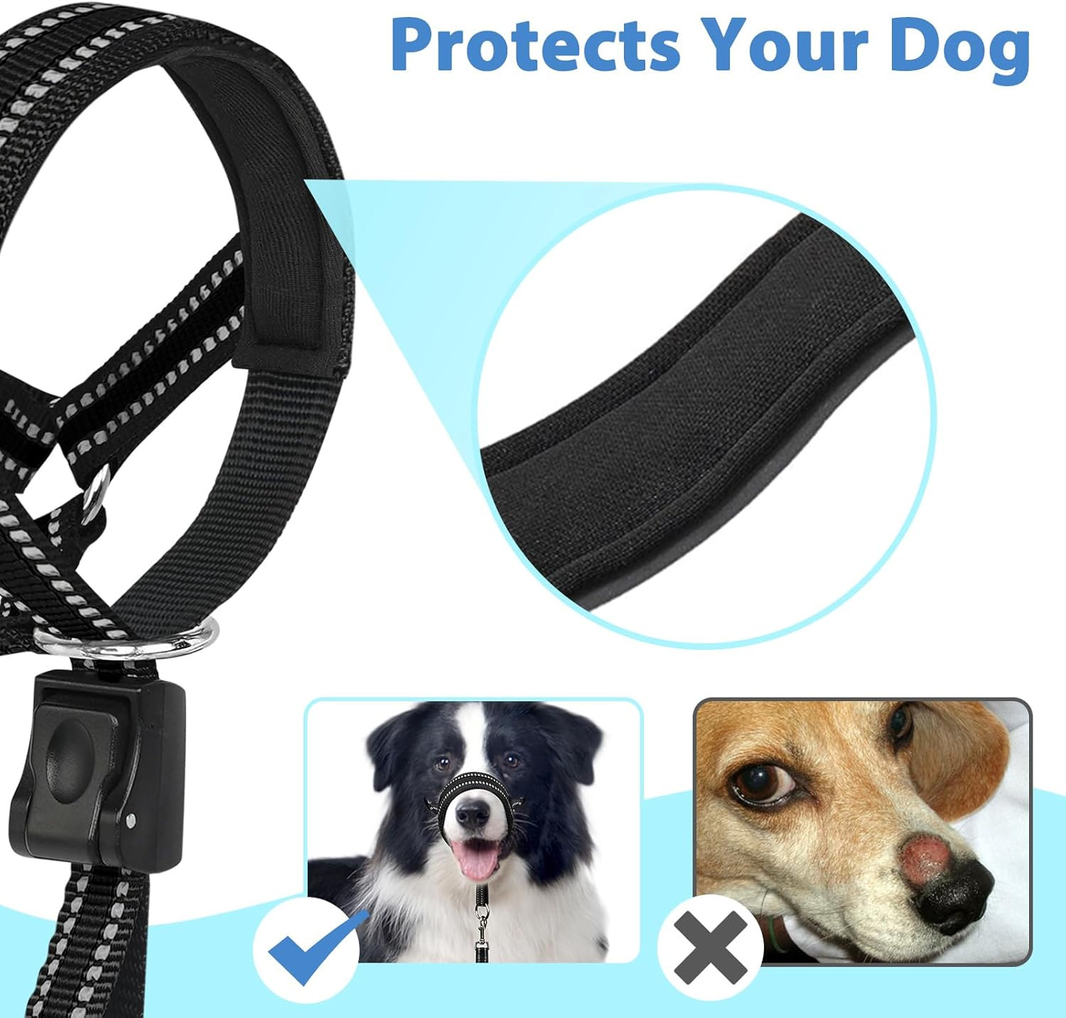 BARKLESS Soft Dog Head Collar, Patented Padded No Pull Head Halter, Training Nose Leash with Safety Link for Medium Large Dogs, Adjustable Muzzle Leash, Easy Control for Walking(Black, M)