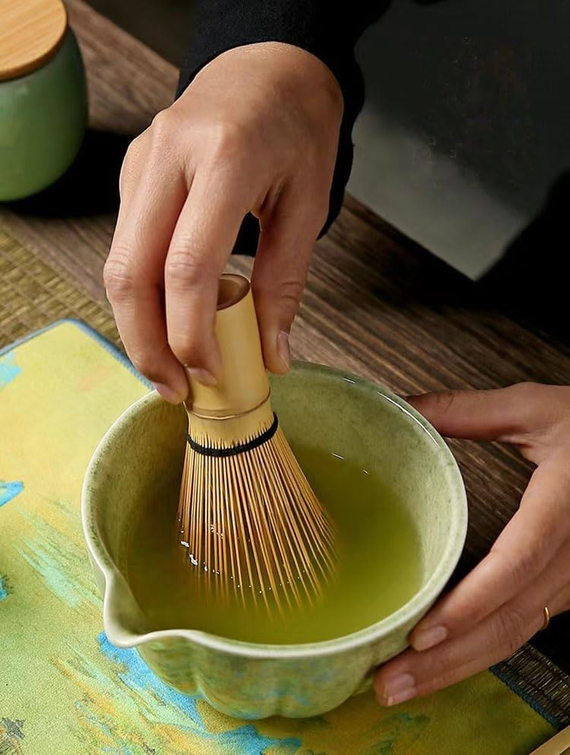 Matcha Set,4Pcs Exquisite Matcha Tea Set,Match Bowl with Spout and Whisk,Matcha Whisk Stand (Chasen Holder) for Matcha Tea Ceremony (Mottled Green) image number 6