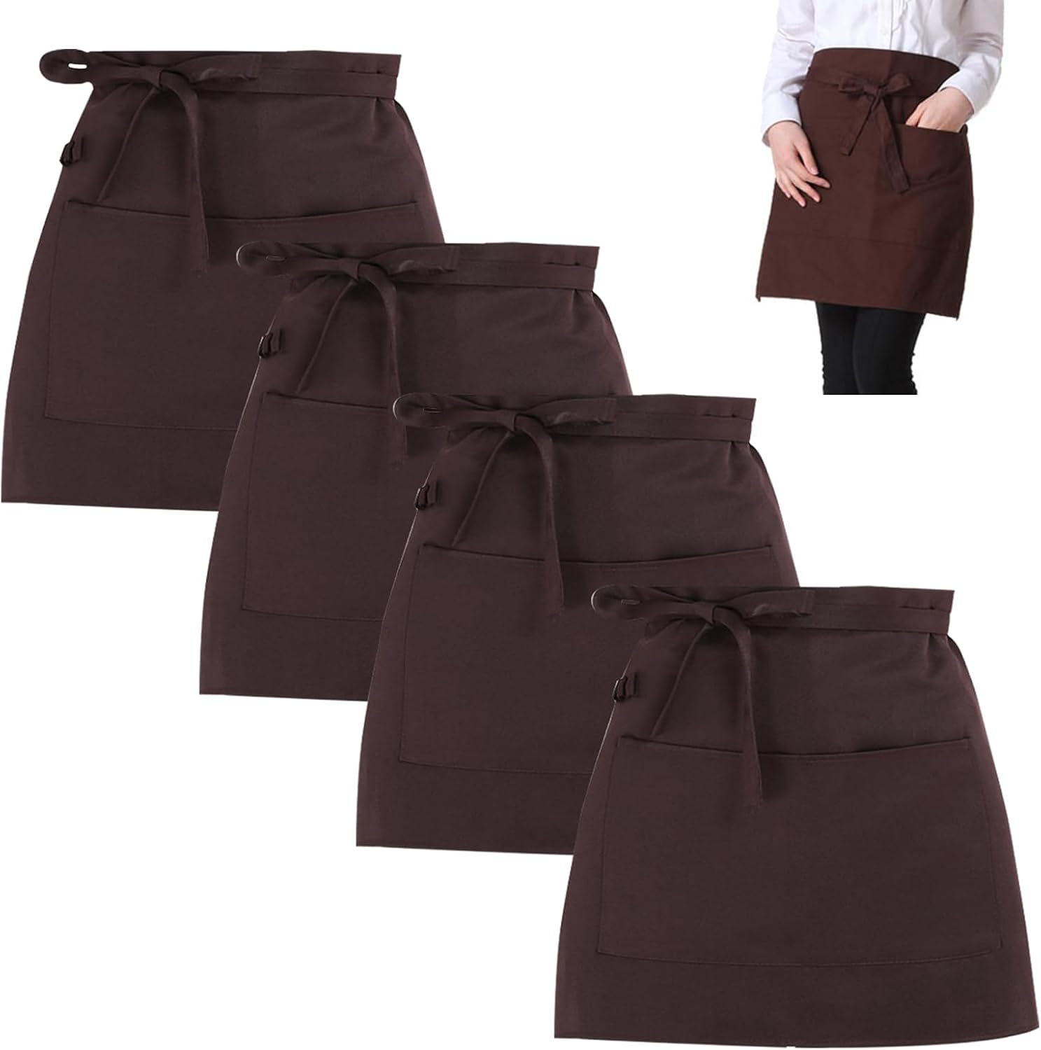 2Pack Waist Apron, 40 * 60Cm Brown Waist Apron, Kitchen Waist Apron with 2 Pockets, Waiter Server Short Half Aprons, Cotton Short Aprons for Cooking, Baking, Women, Men, Restaurant, Waiter