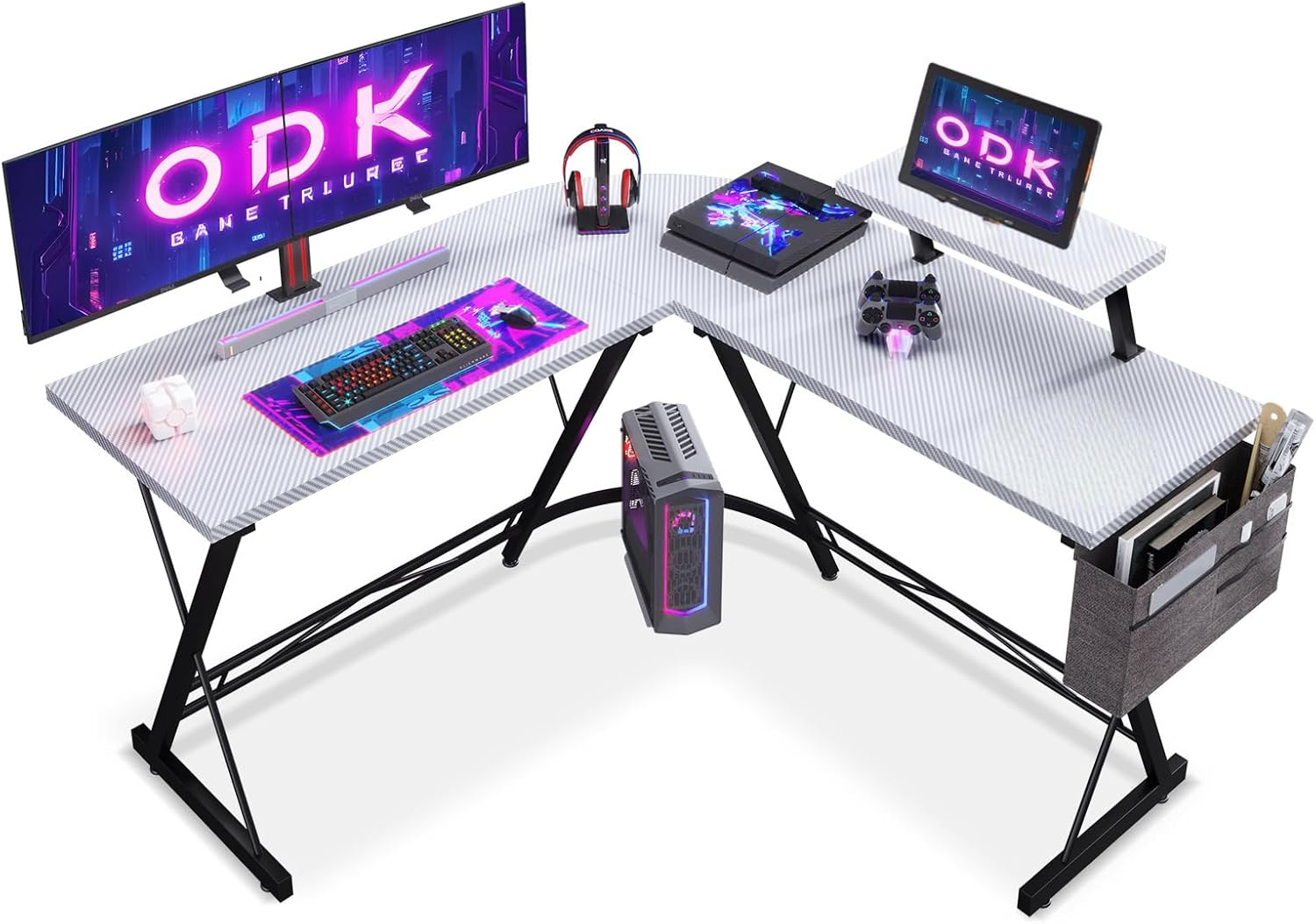 ODK L Shaped Corner Desk, Computer Desk with Monitor Stand, Gaming Desk with round Corner, Computer Workstation for Office Room, Bedroom, Study Room,127 X 127 Cm, Carbon Fiber White