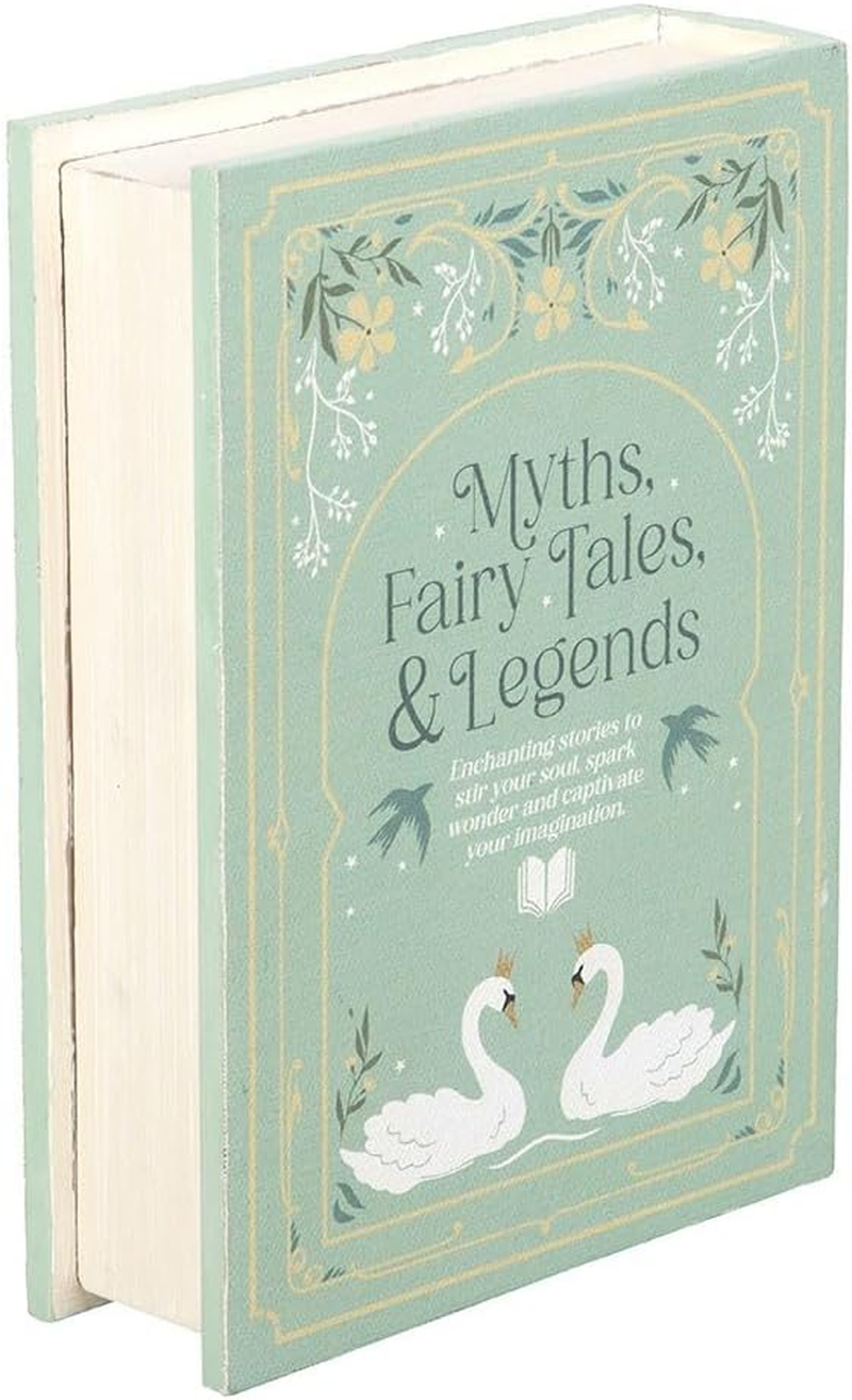 Vintage Book Storage Box, Decorative Myths and Fairy Tales Design, Mint Green with Gold Accents, Hidden Compartment Book Shape image number 1