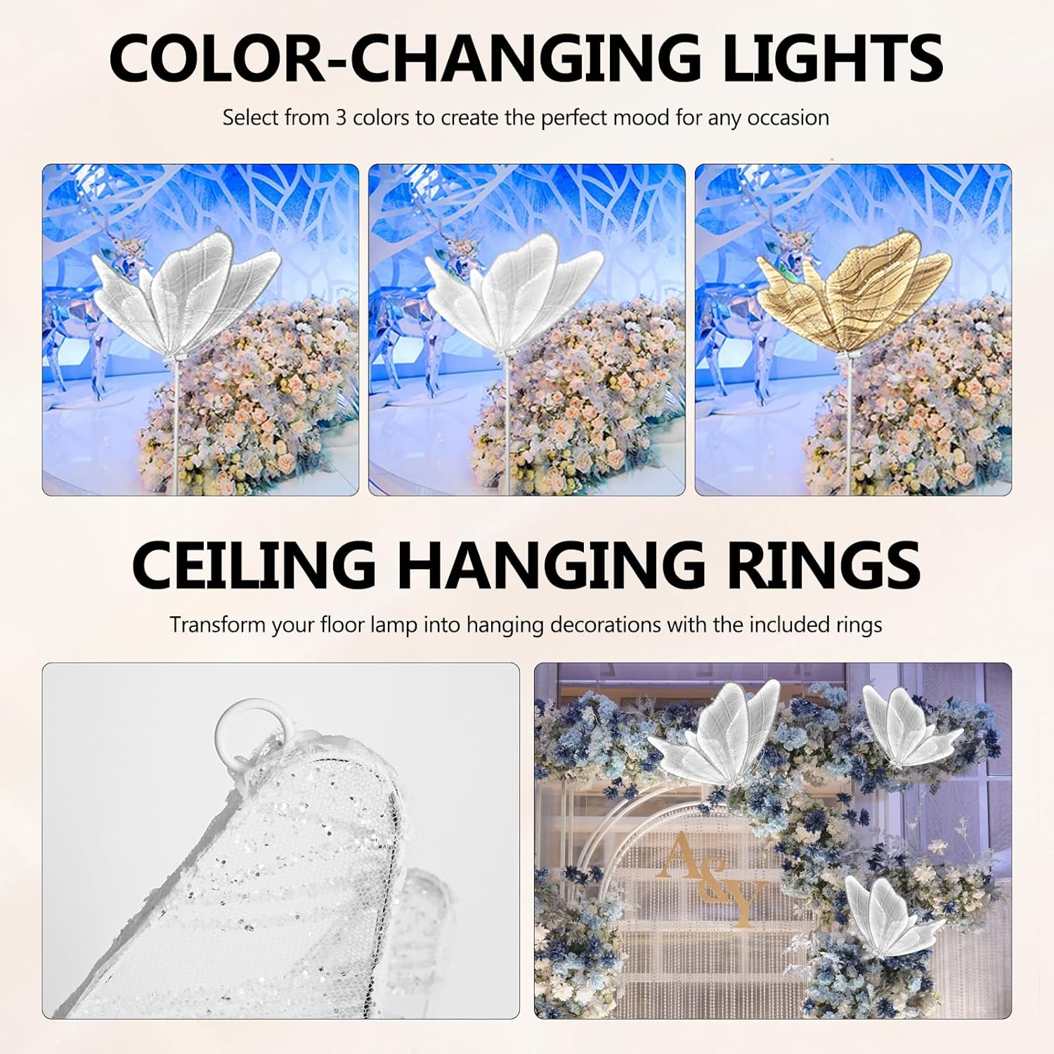 3-Color Wedding Butterfly Floor Lamp Decoration, 31.5 Inch Creative Butterfly Ceiling Lamp, Adjustable Height Romantic Butterfly Lamp Props for Wedding Party, 80 CM
