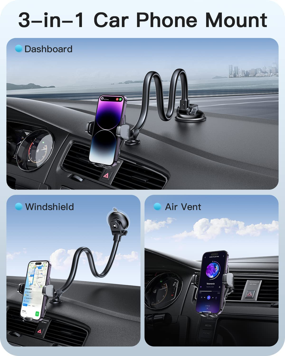 Apps2Car 13" Gooseneck Phone Holder for Car Windshield Window Dashboard Vent, Cell Phone Mount for Car Truck with Strong Suction Cup, Anti-Shake Stabilizer - Compatible with Most Smartphones image number 4