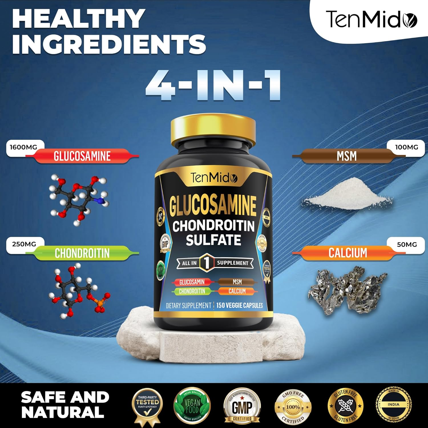 Glucosamine Chondroitin MSM Supplement for Men and Women - 4In1 Formula - Joint & Bone Health Support - 150 Capsules image number 2