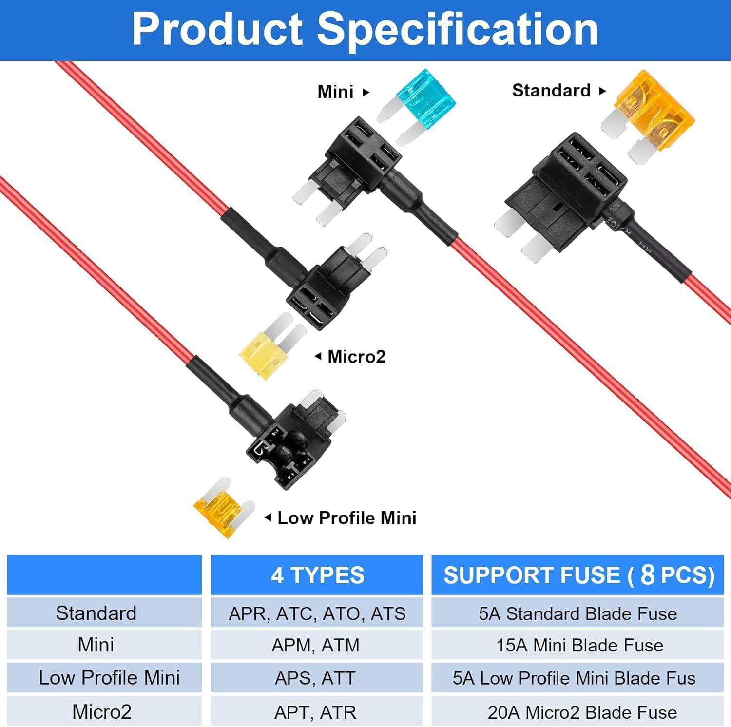 8 Pack 12V Car Add-A-Circuit Fuse Tap Standard Mini Micro2 and Low Profile Fuse Taps 4 Types ATO ATC ATM APM Fuse Holder for Cars Trucks Boats (8Pack Fuse Holder-4 Types) image number 4