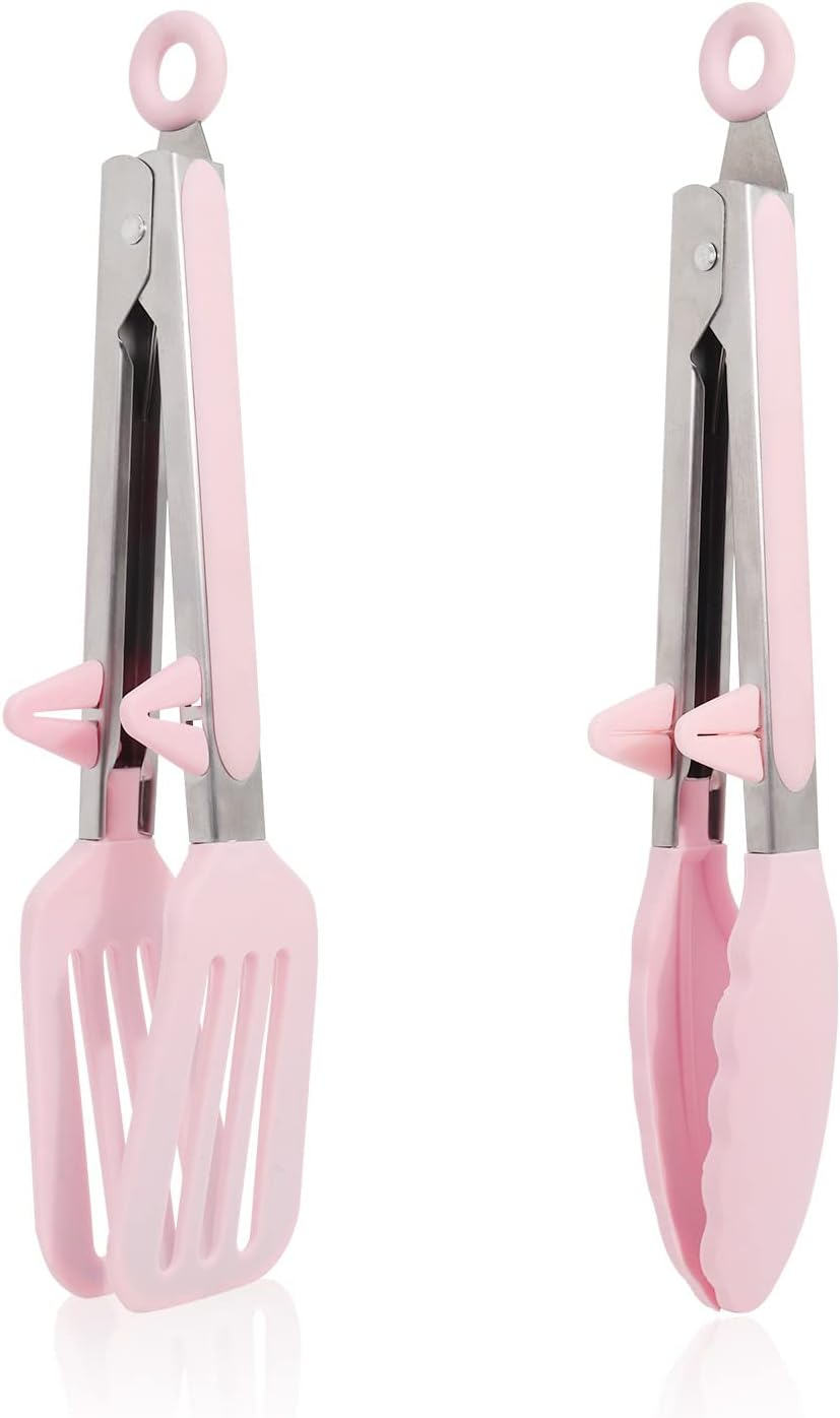 Kitchen Tongs, 9 Inch Silicone Tongs Set of 2 Food Safe Silicone Pink Locking BBQ Cooking Serving Salad Tongs with Stainless Steel Handle