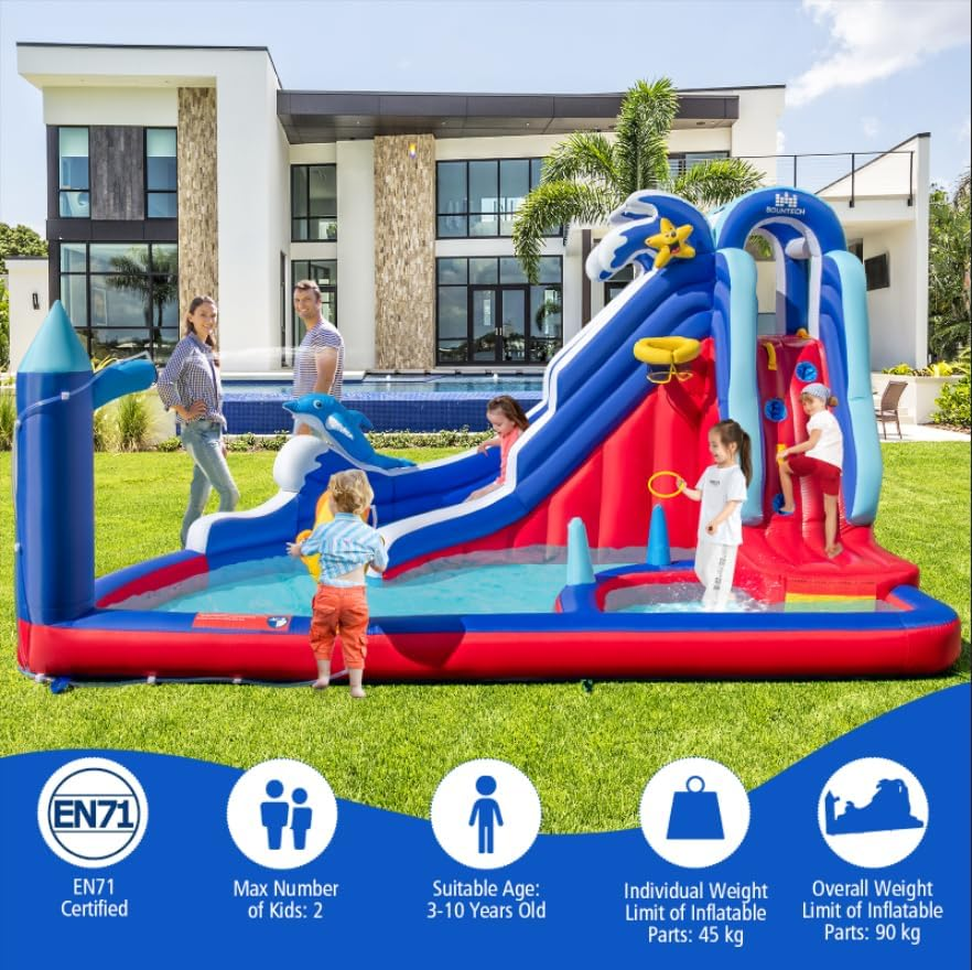 HONEY JOY Inflatable Water Slide, Dolphin Theme Kids Bounce House Water Park W/Long Slide, 2 Splash Pools, Climbing Wall, Water Gun, Basketball Rim, Ring-Toss, Outdoor Jumping Castle with 680W Blower image number 1