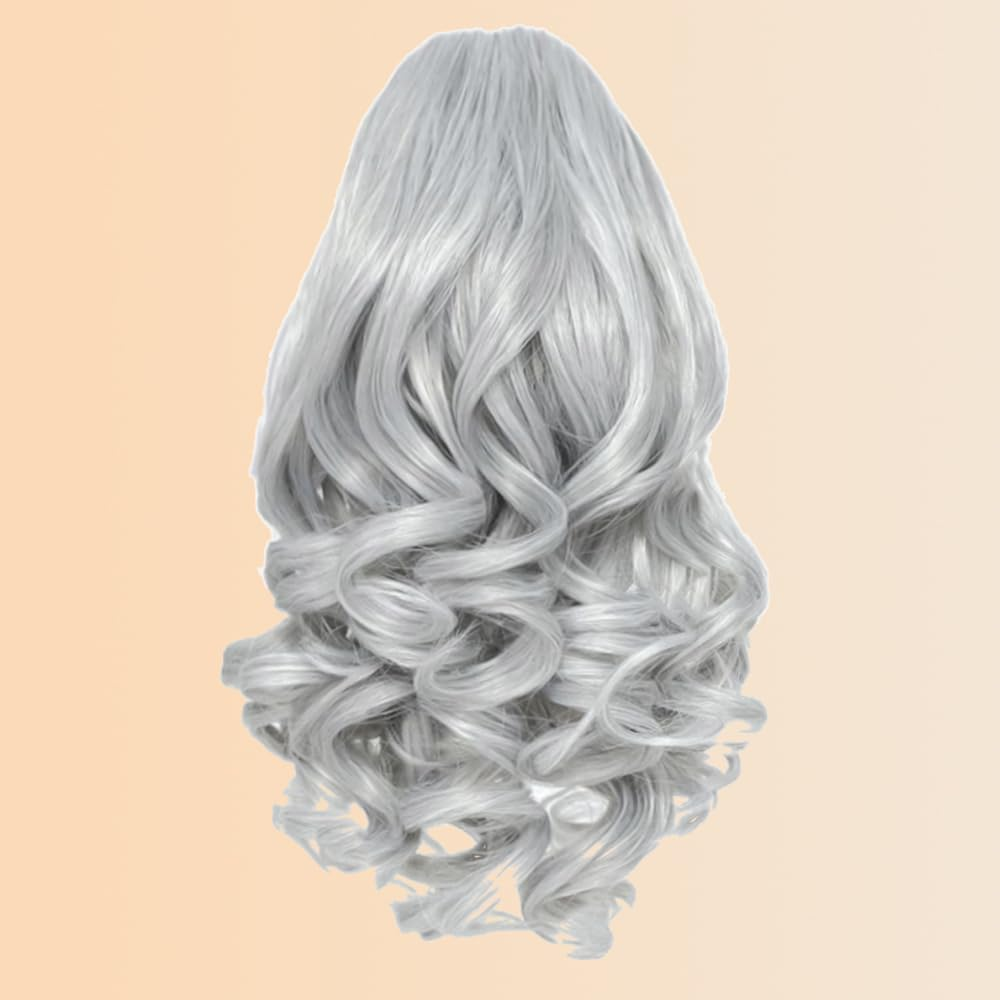 PORSMEER Ponytail Hairpiece with Drawstring, Short Wavy Braid Extension Hair Extensions, Synthetic Wavy Hair Extensions, Clip-In Ponytail, Silver-Grey for Women, 26 Cm image number 2