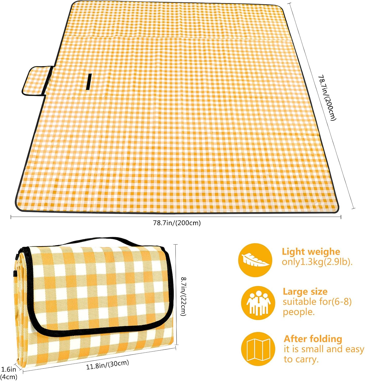 Picnic Blanket Waterproof Beach Rug Picnic Mat Washable Lightweight with Handle Yellow Checkered for Hiking Travelling Outdoor Camping,Parks,200Cm * 200Cm image number 2