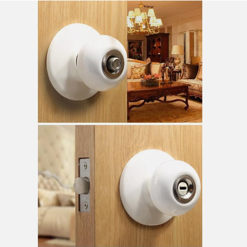 ZONADA Ceramic Door Knob Lock Set with Keys &ndash; White Vintage Style Interior Exterior Door Knobs for Bedroom, Bathroom, Kitchen, Laundry Room, Privacy Passage Entry Door Locking Handles image number 3
