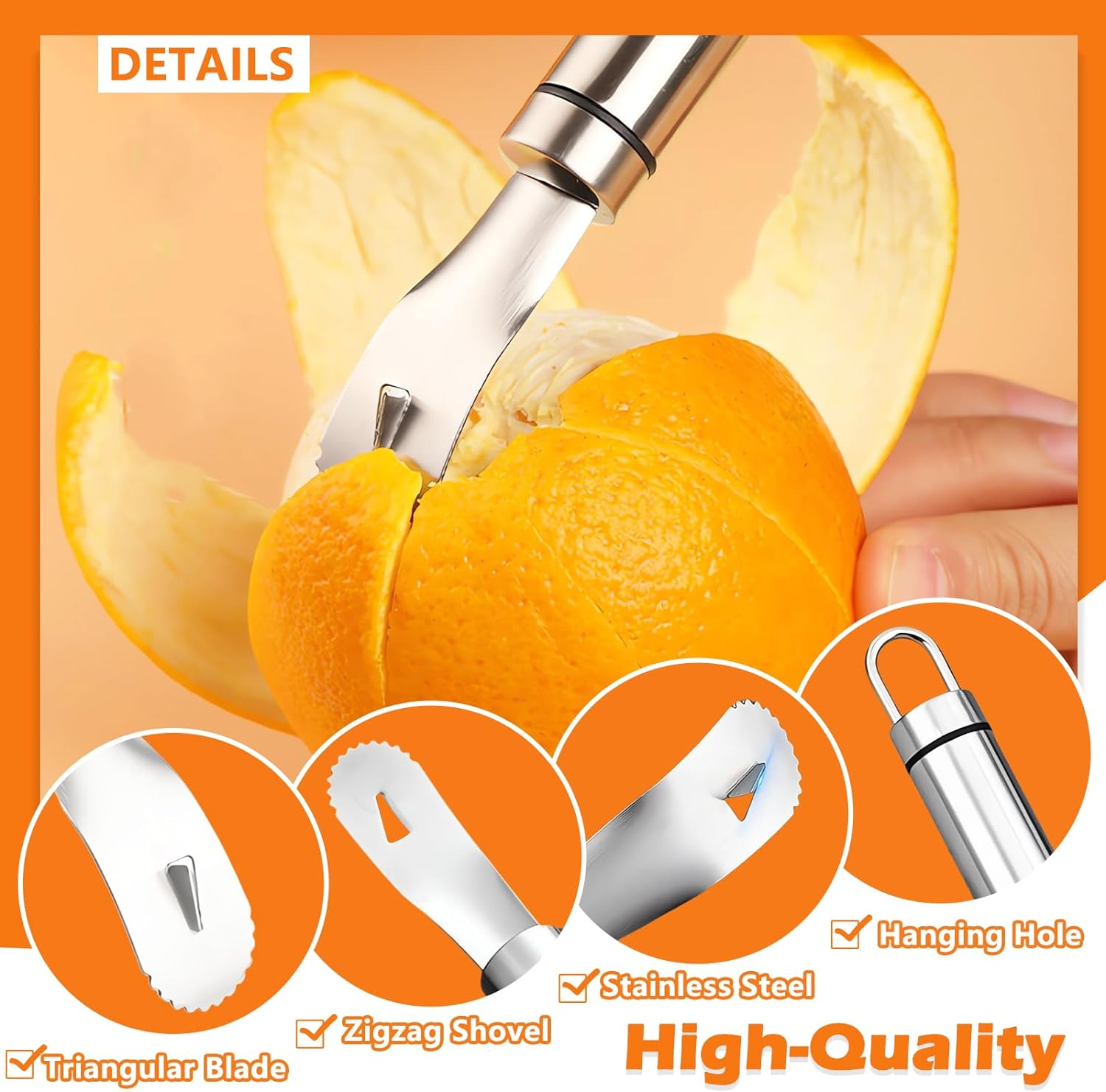 Stainless Steel Orange Peeler | Easy to Peel | Long Handle Orange Citrus Peeler Tool | Triangular-Blade & Zigzag-Shovel Orange Peeler Gadget image number 1