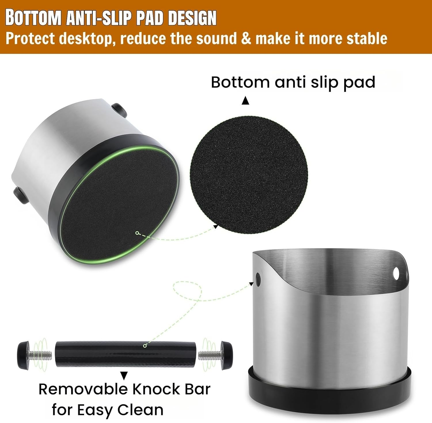 CHDEXU Coffee Grounds Knock Box, Small Stainless Steel Espresso Coffee Knock Box, Coffee Grind Knock Out Box with Removable Knock Bar and Coffee Brush, Coffee Grounds Container with Non-Slip Base image number 6