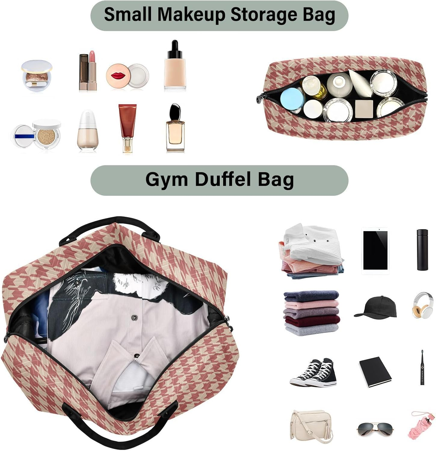 Large Travel Duffel Luggage Weekender Duffel Bag Houndstooth Buffalo Plaid Tartan Check Red Tote Bag with Adjustable, Houndstooth Buffalo Plaid Tartan Check Red, Set of 2, Art Deco image number 4