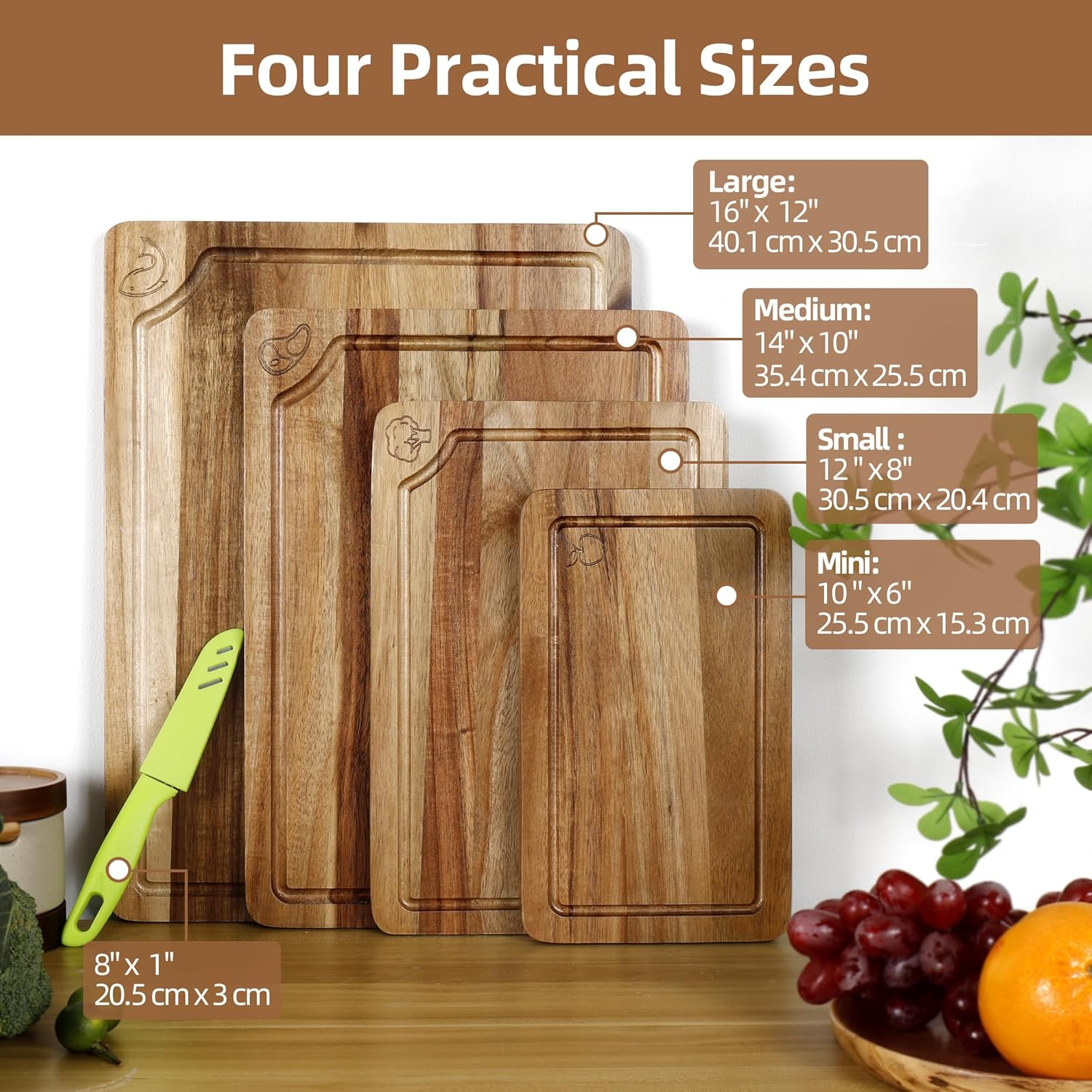 TJ POP Acacia Wood Chopping Board Set of 4, Wooden Chopping Boards with Food Symbols for Kitchen, Charcuterie Board for Meat, Vegetables, Fruits, Cheese image number 6