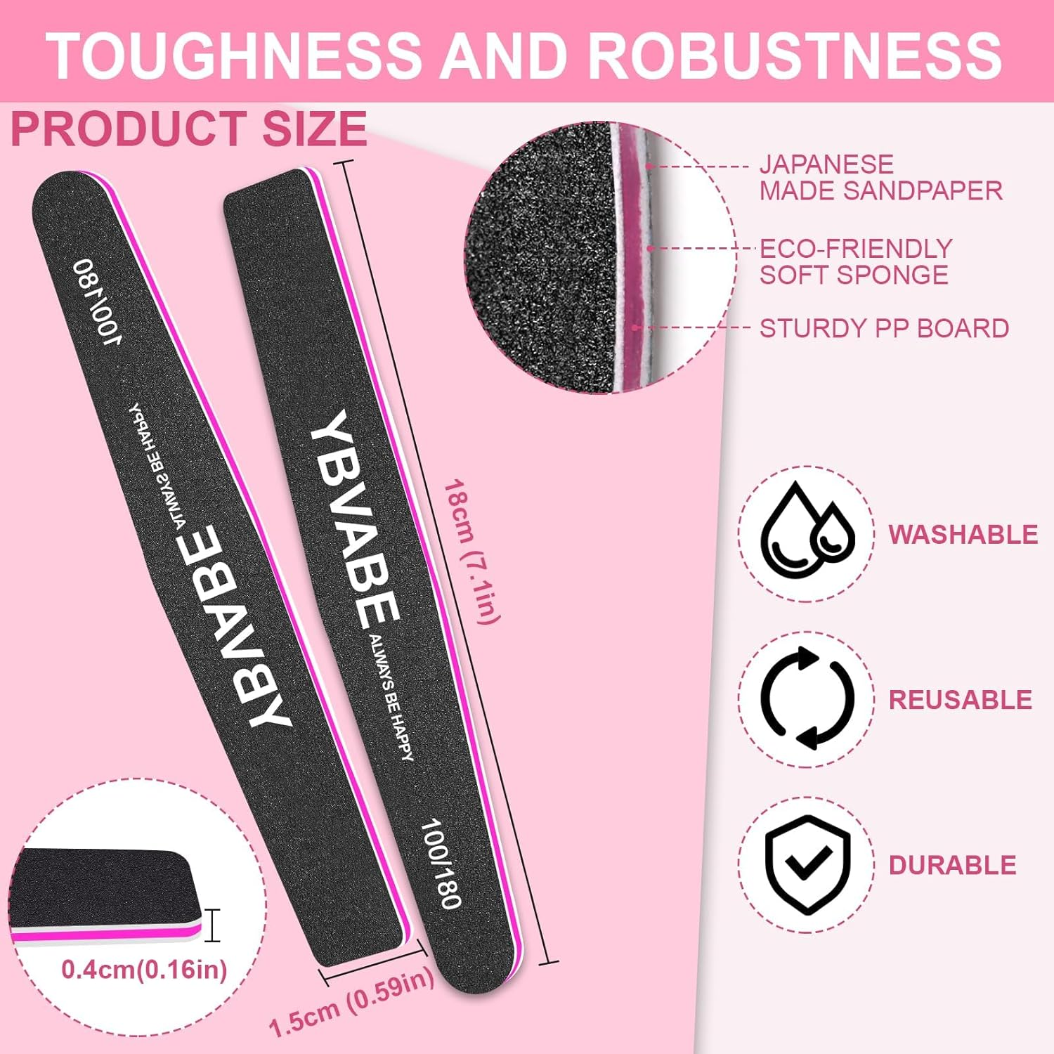 YBVABE Nail Files 100/180 Grit - 8Pack for Precision Nail Shaping and Professional Salon Quality Black Double Sided Emery Boards, Professional Rhombus-Shaped Grit Nail File for Manicure and Pedicure Tool