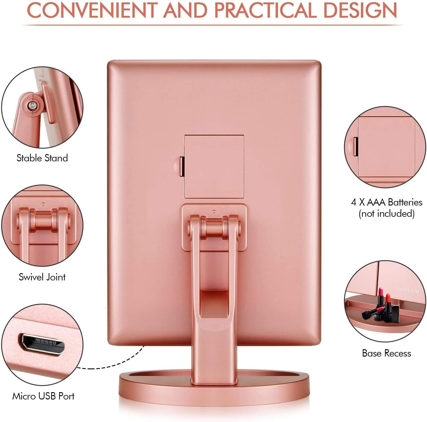 Makeup Vanity Mirror with Lights,1X 2X 3X Magnification, 21Leds Light and Touch Screen,180 Degree Rotation,Dual Power Supply, Portable Trifold Travel Cosmetic Makeup Mirror - Black image number 3