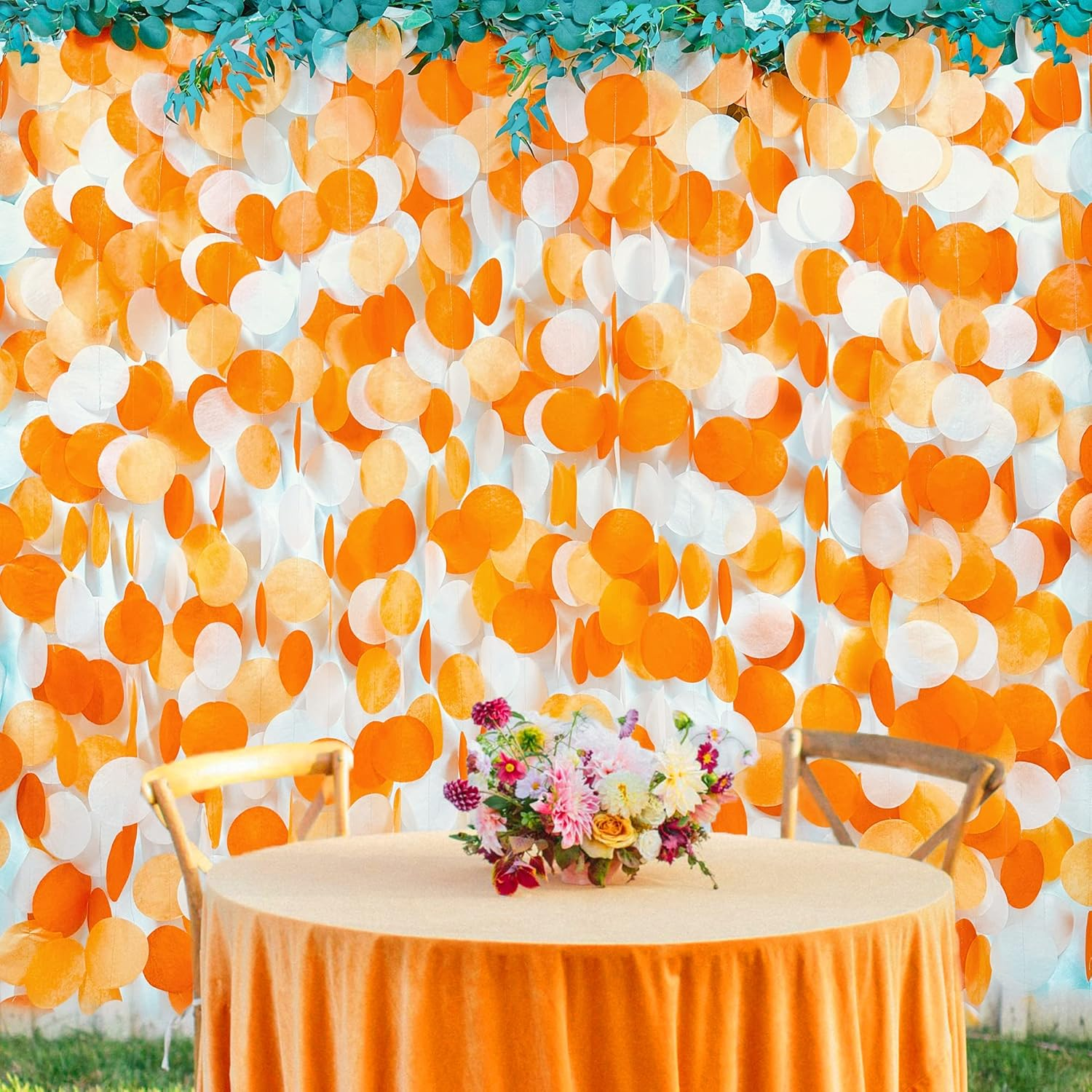 205 Ft Orange White Big Polka Dots Backdrop Garland Ombre Orange Tissue Paper Hanging Circle Dot Streamer for Birthday Baby Shower Wedding Fall Autumn Thanksgiving Harvest Party Decorations Supplies image number 3