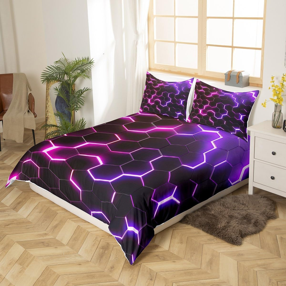Feelingyou Honeycomb Duvet Cover S Size, Hexagon Pink Purple Neon Lights Comforter Cover Set for Boys Girls, 3D Bedding Quilt Cover Set Bedroom, 2 Pieces image number 2