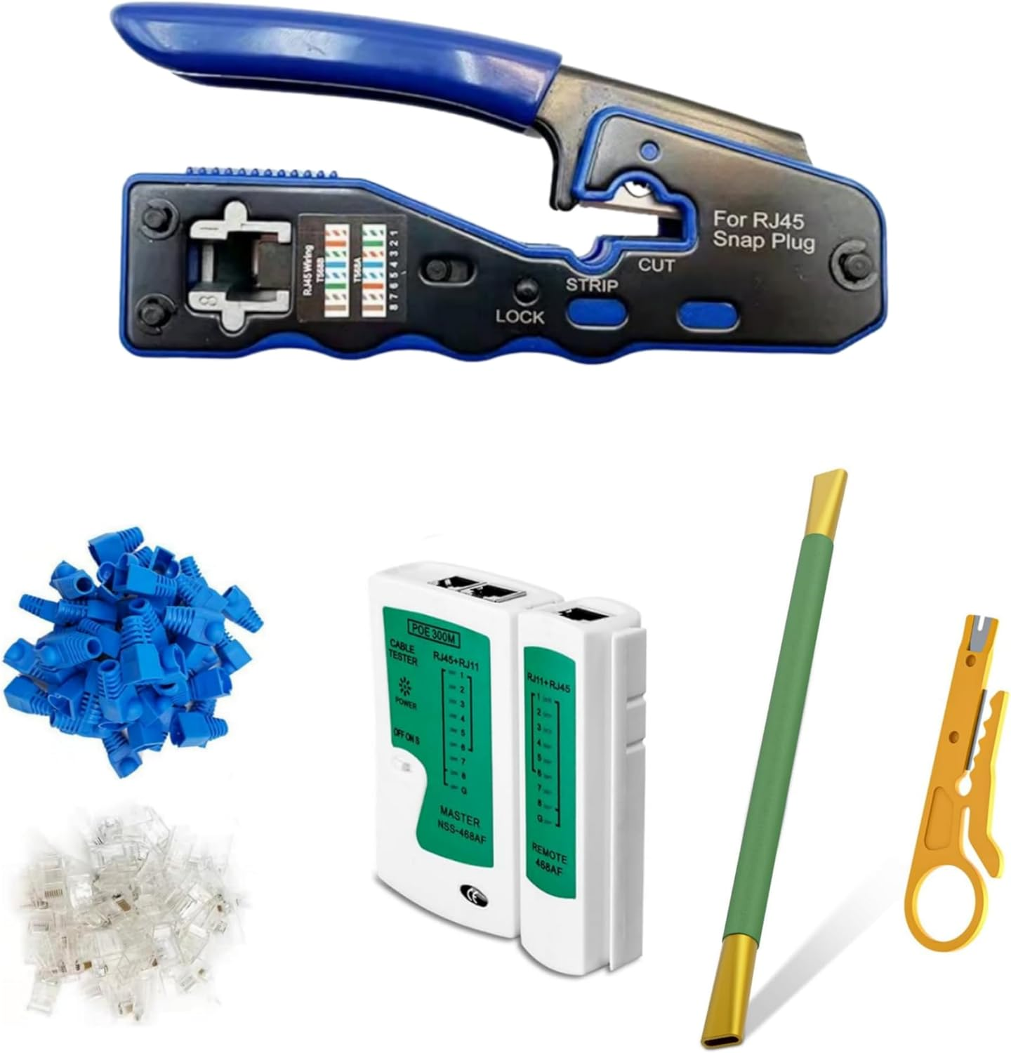 RJ45 All-In-One Crimp and Termination Toolcrimp Tool, 50 Pcs CAT6 Pass through Connectors and 50Pcs RJ45 Cat6 Protection Covers, 1 Network Wire Strippers (Blue-Green)