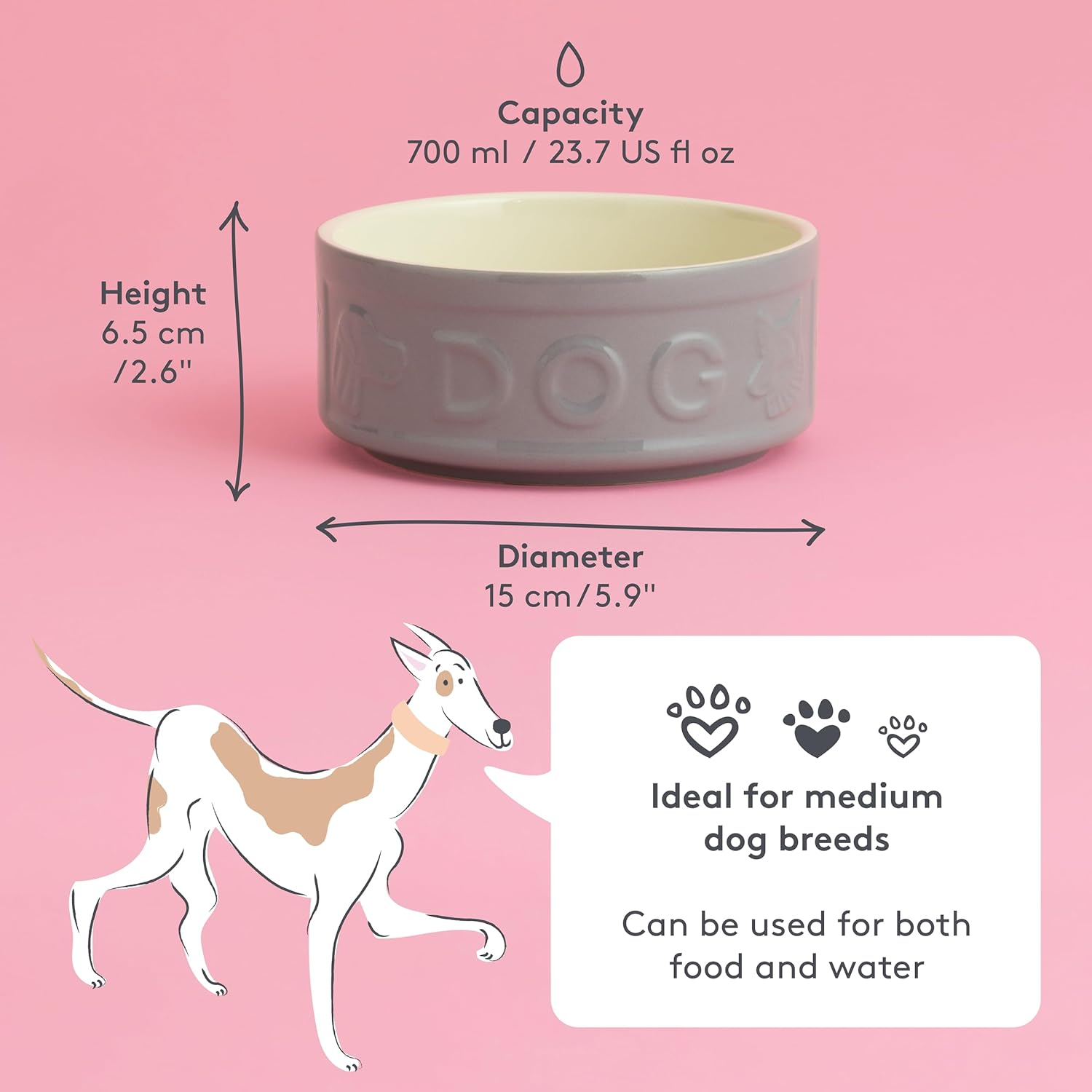 Mason Cash Grey Lettered Dog Bowl 15 Cm