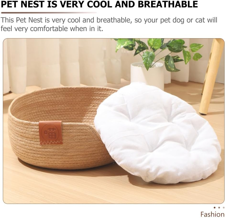 Cat Beds for Indoor Cats :Bed Cat Sleeping Nest for Indoor Small Cats Kitten round Straw Woven Cat Bed with Removable Pad Semi-Enclosed Breathable Basket image number 4