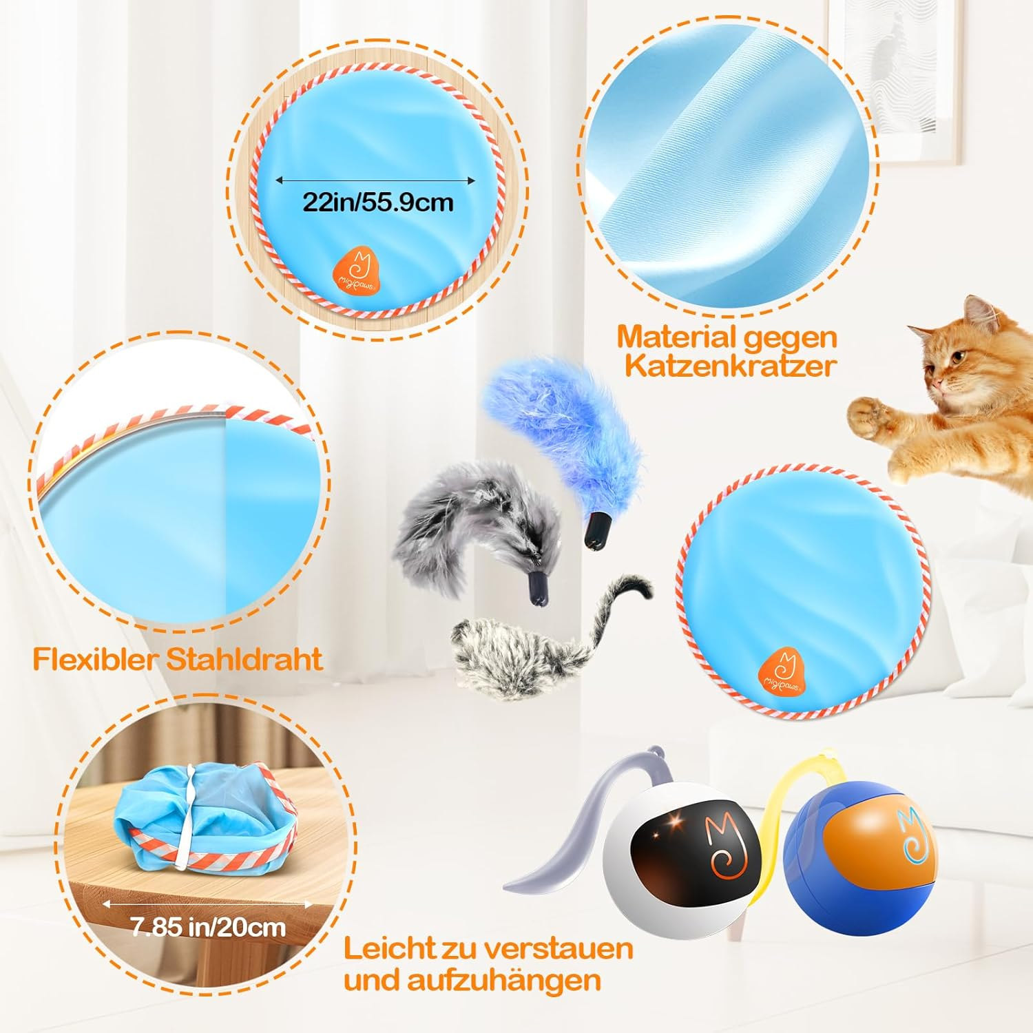 Migipaws Interactive Cat Toy Set, Fun Tracker, Electric Moving Ball Hides in Bag, Enjoy Hunting Fun (Blue) image number 2