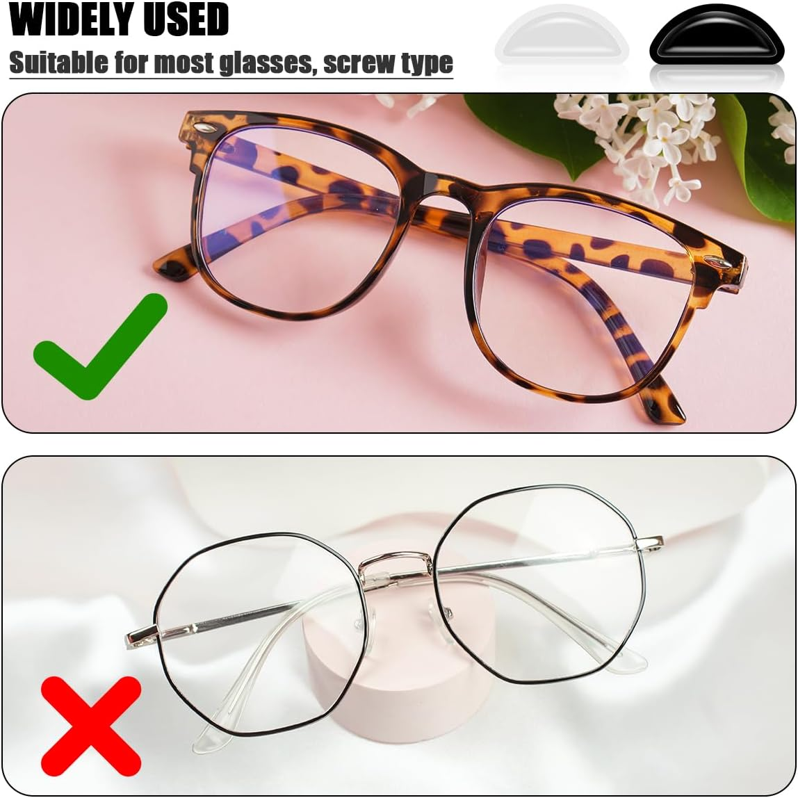 WELANE Glasses Nose Pads, 40 PCS Silicone Anti-Slip Nose Pad for Eyeglass Glasses Sunglasses (Clear & Black) image number 4