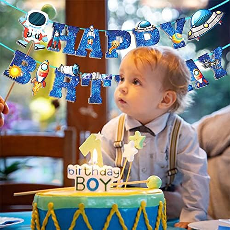 Happy Birthday Banner Outer Space Theme for Galaxy Party, 15 PCS Astronaut Themed Party Decor for Boy or Girl Baby Shower