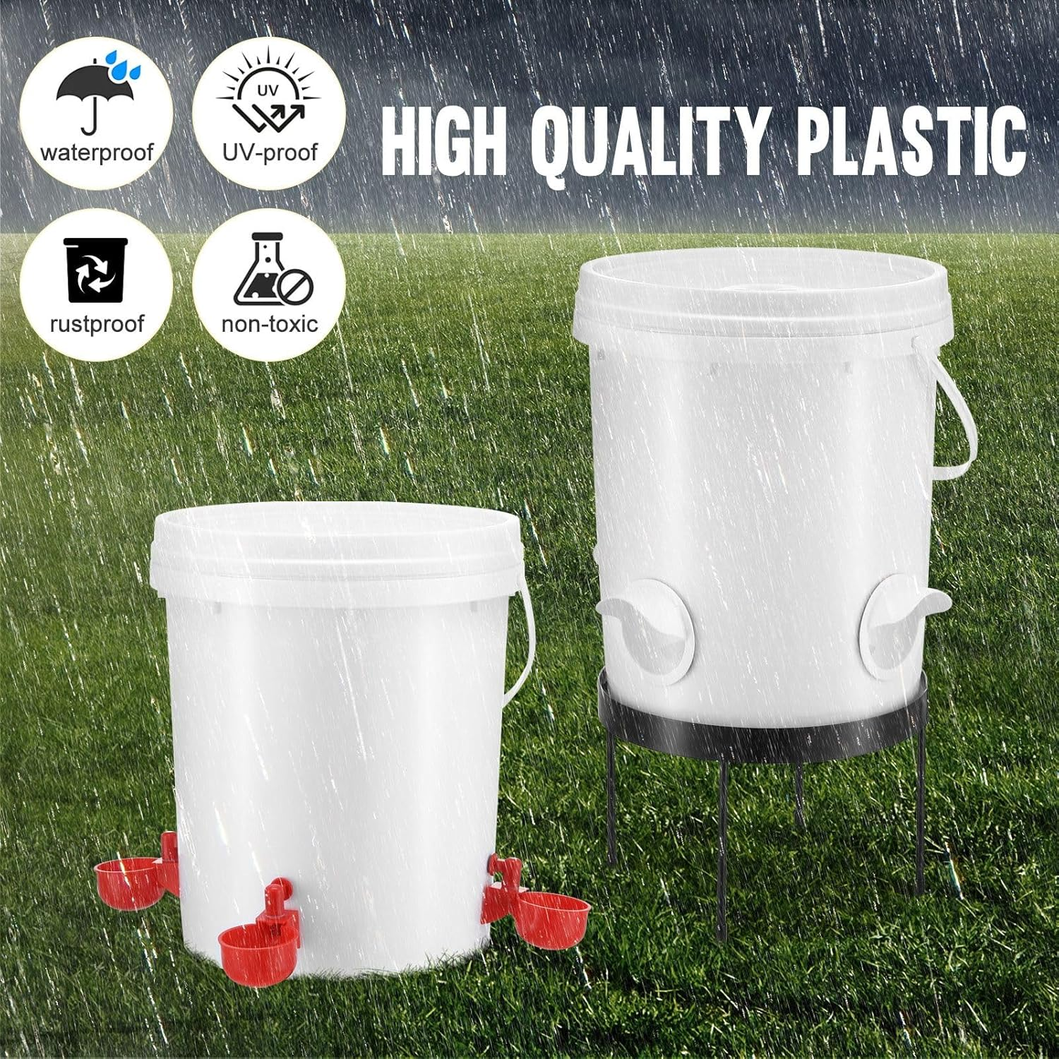 Pet Scene 20L Chicken Feeder Waterer Set, Raised Stand Auto Water Food Dispenser for Chook Hen Chick Poultry, with Drinker Cup, PVC Feeding Port image number 3