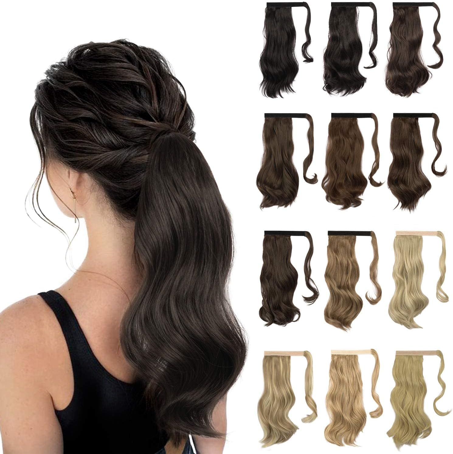 Sofeiyan Ponytail Hairpiece Curly Hair Extension Ponytail Extension Synthetic Natural Wavy Hairpiece Wrap around Pony Tail Hair Extensions 38 Cm Brown & Blonde image number 3