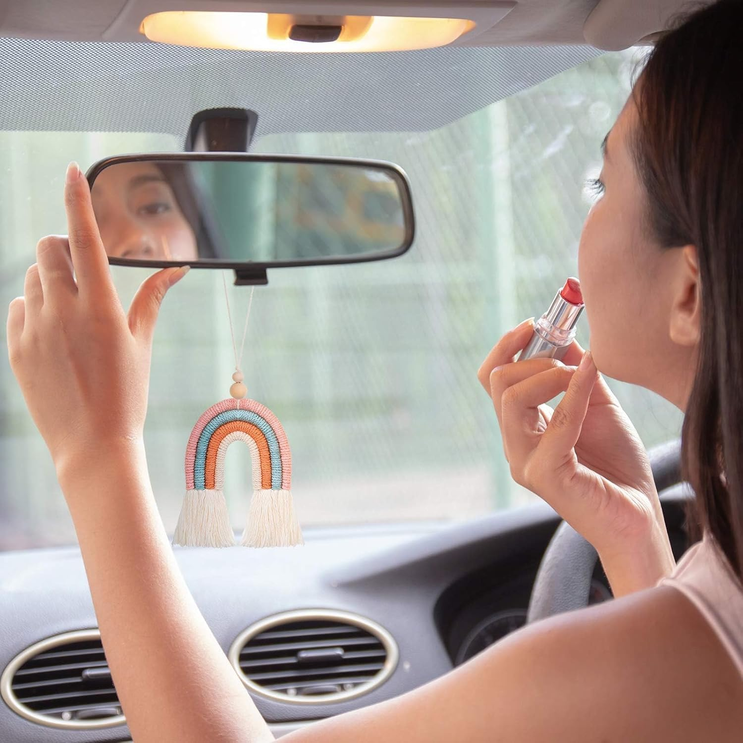 3 Pieces Boho Rainbow Car Charm Macrame Rainbow Car Diffuser Cute Car Air Fresheners Essential Oil Diffuser Handmade Hanging Car Accessories Decor for Car Interior (Bright Colors) image number 5