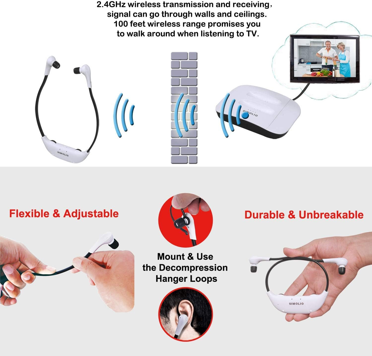 SIMOLIO 2.4G Digital Wireless TV Headsets with Spare Battery, Hearing Assistance TV Headphone with Voice Highlighting,Tone & Balance Control, Support Optical/Rca/Aux, 100 Ft Range, No Delay, SM-824D1 image number 1