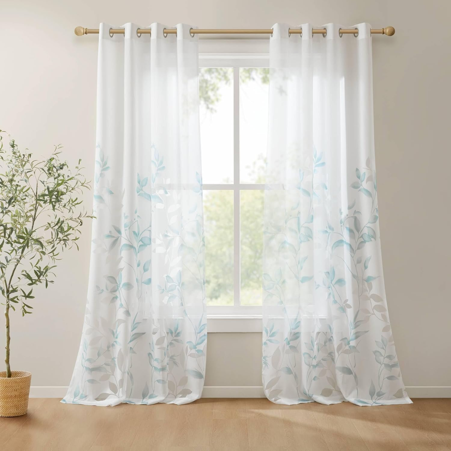 Madison Park Cecily Semi Sheer Single Panel Window Curtain Burnout Botanical Print, Easy to Hang, Fits up to 1.25" Diameter Rod, 50X84, Leaves Aqua