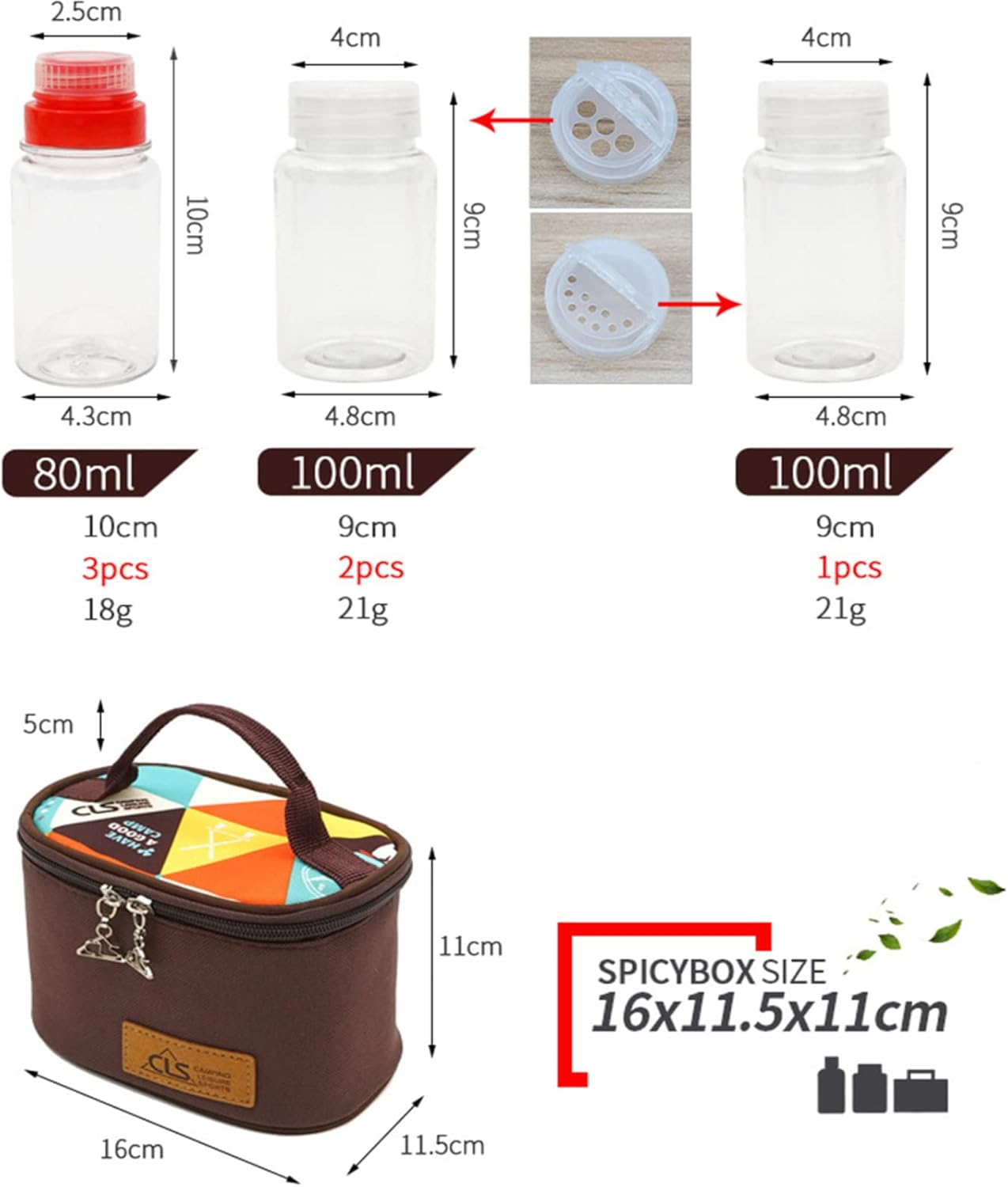 Joyeee Empty Camping Spice Kit, Safe Plastic - PET, 3 Pcs 2.7 Oz Liquid Spice Bottles and 3 Pcs 3.3 Oz Mini Spice Jars with Travel Bag Complete Set, Suit for Oil, Soy Sauce Peppercorns, Sea Salt, #08 image number 1