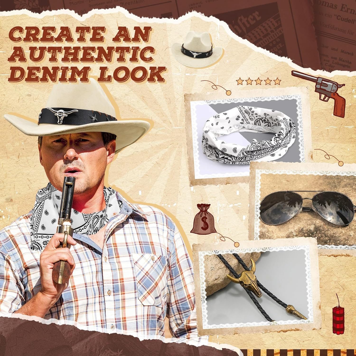 7-Piece Western Cowboy Costume Set, Cowboy Accessory Kit with Cowboy Hat, Sunglasses, Paisley Bandanas, Necklace, Badge, Bracelet for Men, Women, Halloween, Carnival Parties & Western Party image number 2