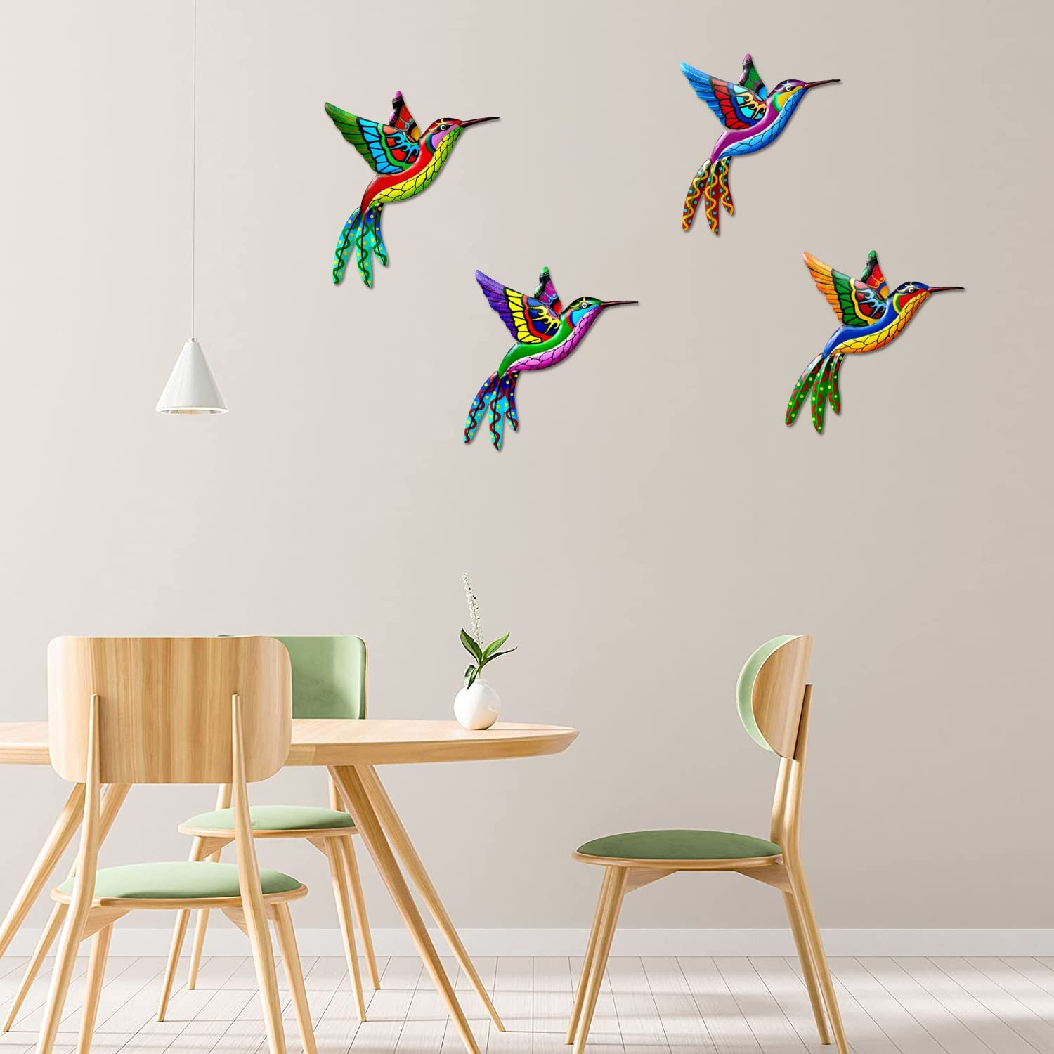 Tsilin 4 Pcs Metal Hummingbird Wall Decor Art, Colorful Birds Sculpture Hanging Garden Metal Hummingbird Statues for Indoor Outdoor Backyard Living Room Bedroom Porch Patio Fence Decor