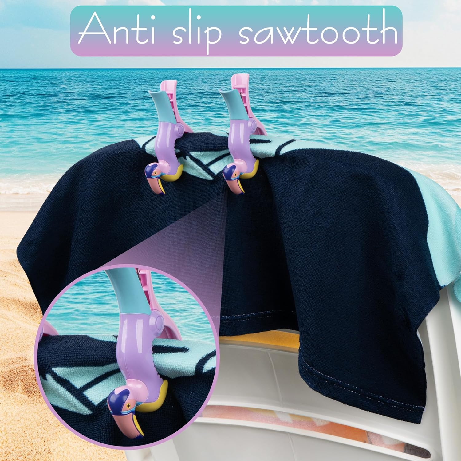 SHIDOW Beach Towel Clips, Jumbo Size Towel Clips for Beach Chairs Cruise Pool Patio or Daily Use Secure Hang Seal, Set of 2 (Flamingo) image number 1