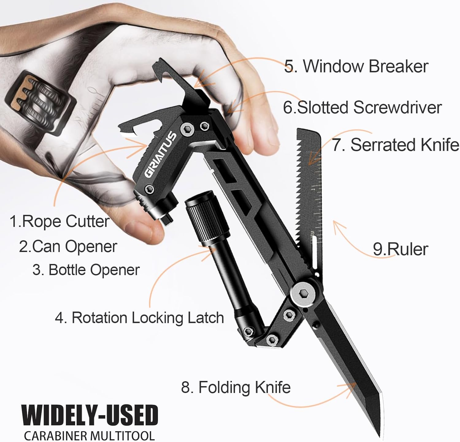 Carabiner Multitool 8-In-1 EDC Carabiners Pocket Knife, Serrated Knife, Rope Cutter, Screwdriver, Can Bottle Opener, Ruler, Survival Gear for Camping Climbing, Gifts for Men image number 3