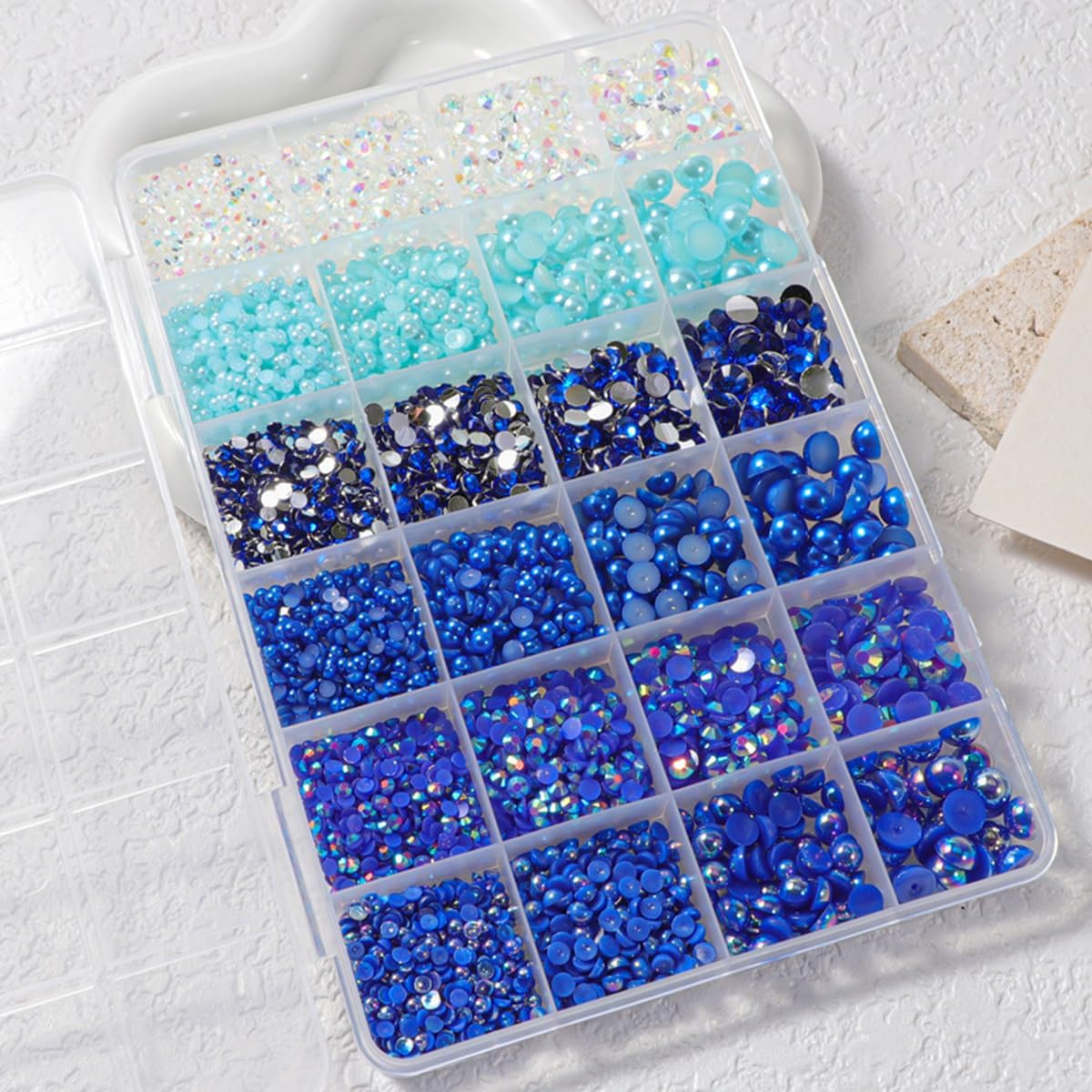 24 Grid Flatback Rhinestones and Beads for Nails, Betterjonny Rhinestones for Crafts 3-8 Mm Glitter Stones Half Beads with Tweezers and Dotting Pen for DIY Crafts Nail Design Clothing, B image number 3