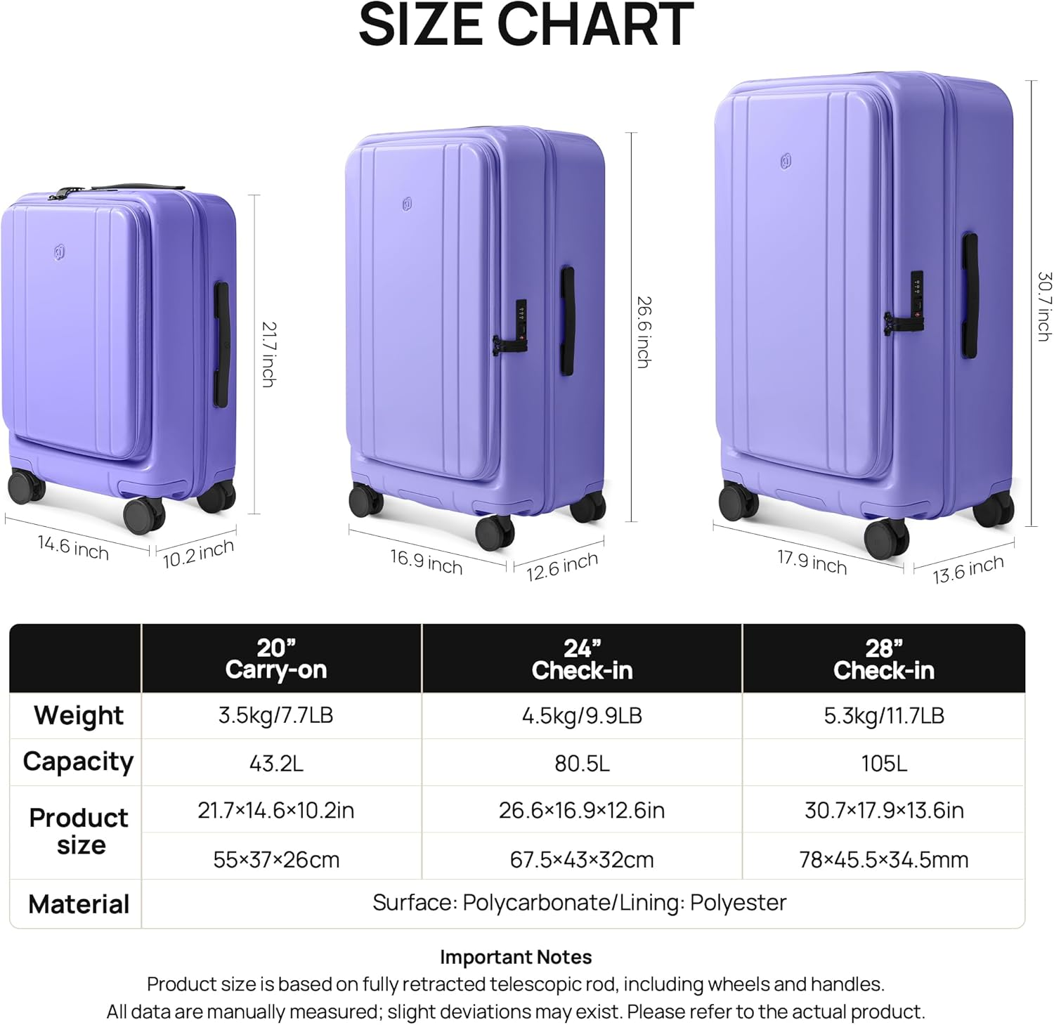 NINETYGO Carry on Luggage 22X14X9 Airline Approved, Flat Top Opening 20 Inch Suitcase, PC Hard Shell, TSA Lock, 360&deg; Spinner Wheels, 03-Purple, Checked 28-Inch image number 4